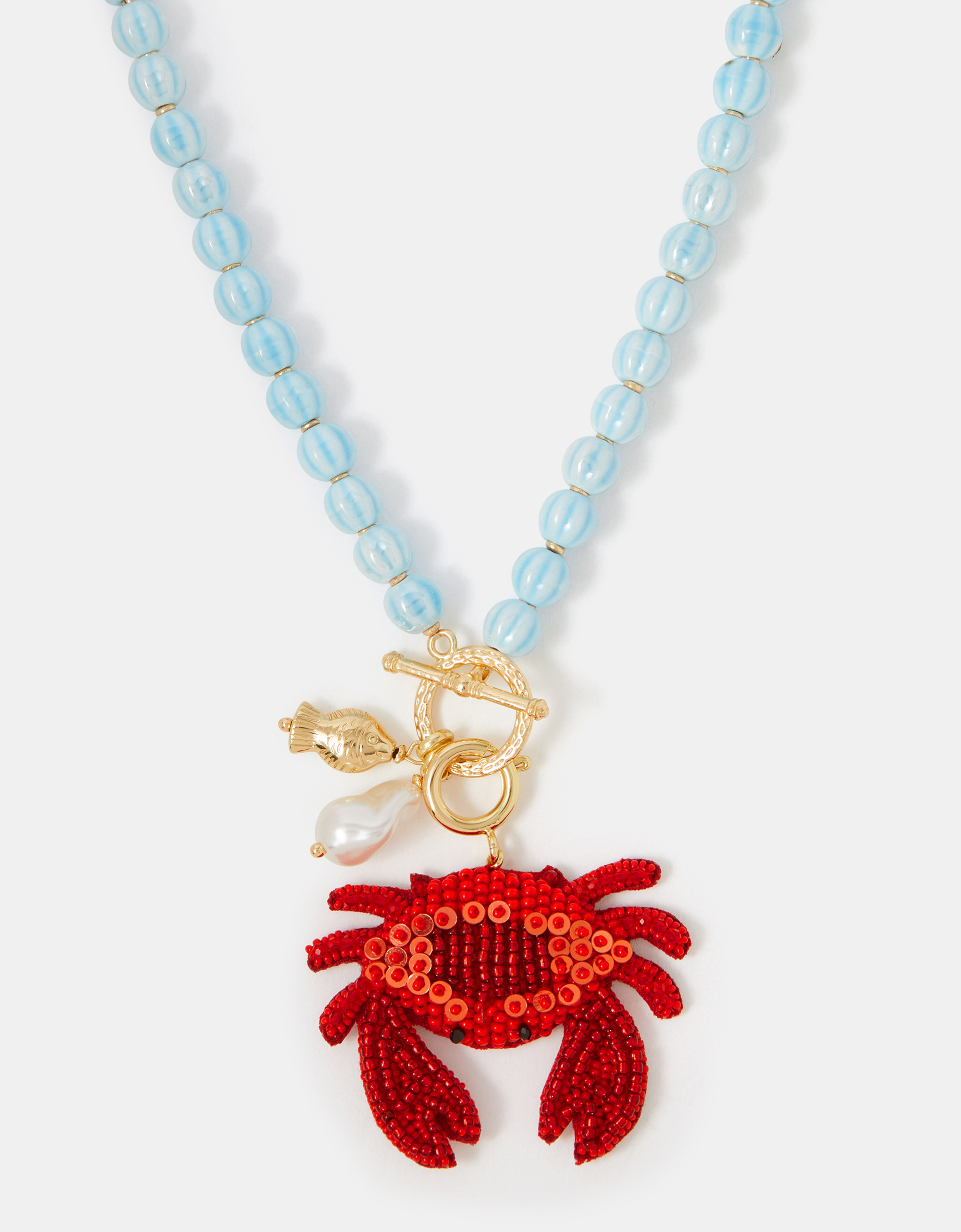 Blue Beaded Crab Charm Necklace