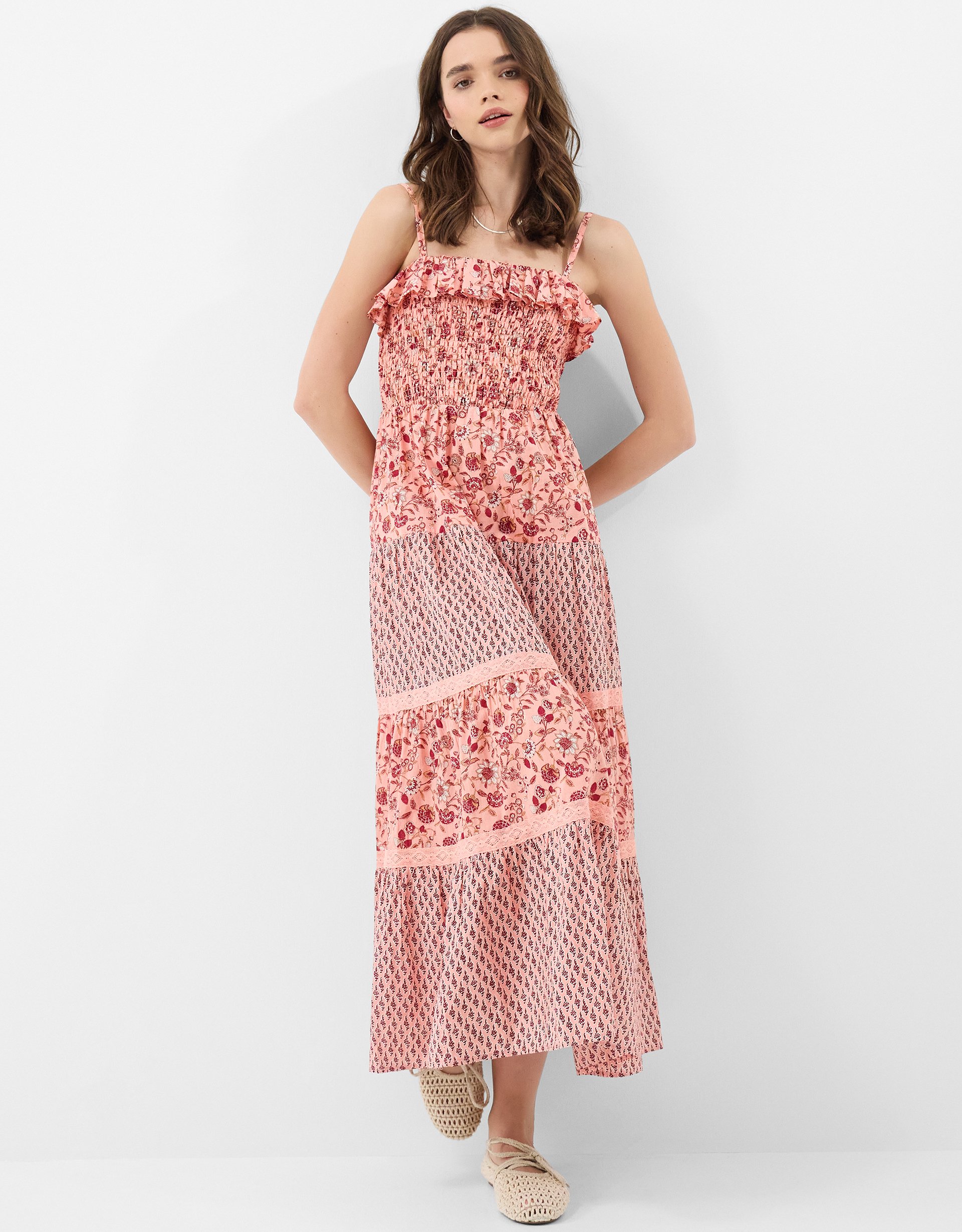 Pink & Red Floral Print Cotton Smocked Maxi Dress, Size: XS, Women's - Accessorize