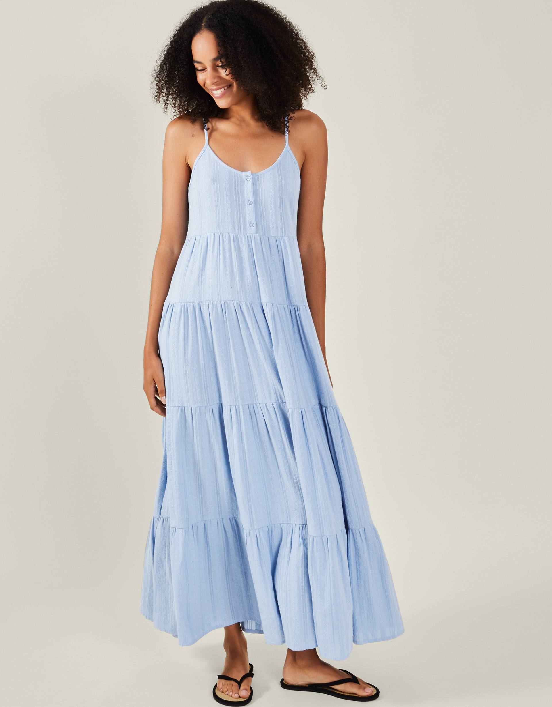 Daisy Jacquard Strappy Tiered Maxi Dress Blue, Size: M - Accessorize