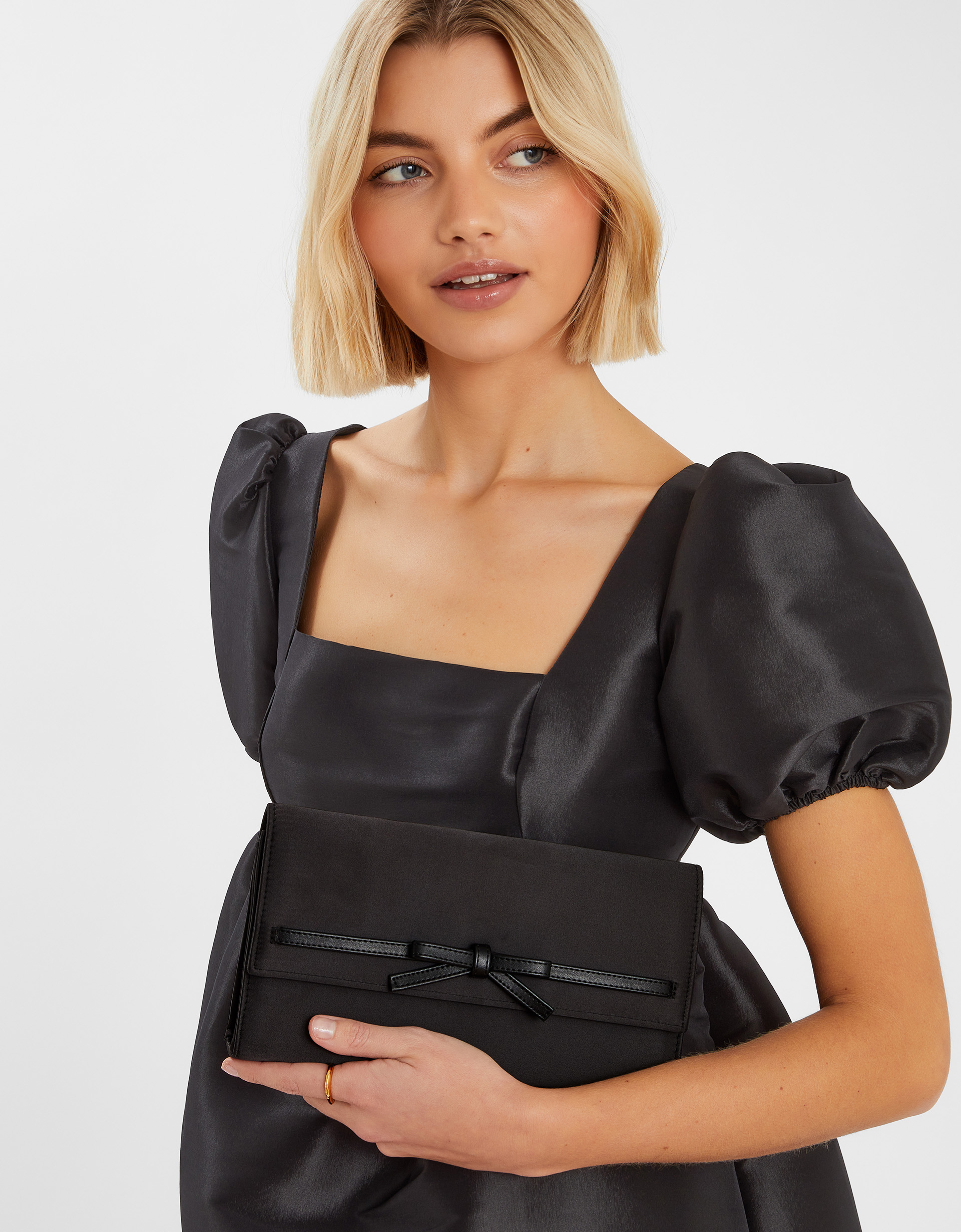 Black Leather Bow Satin Clutch Bag - Accessorize