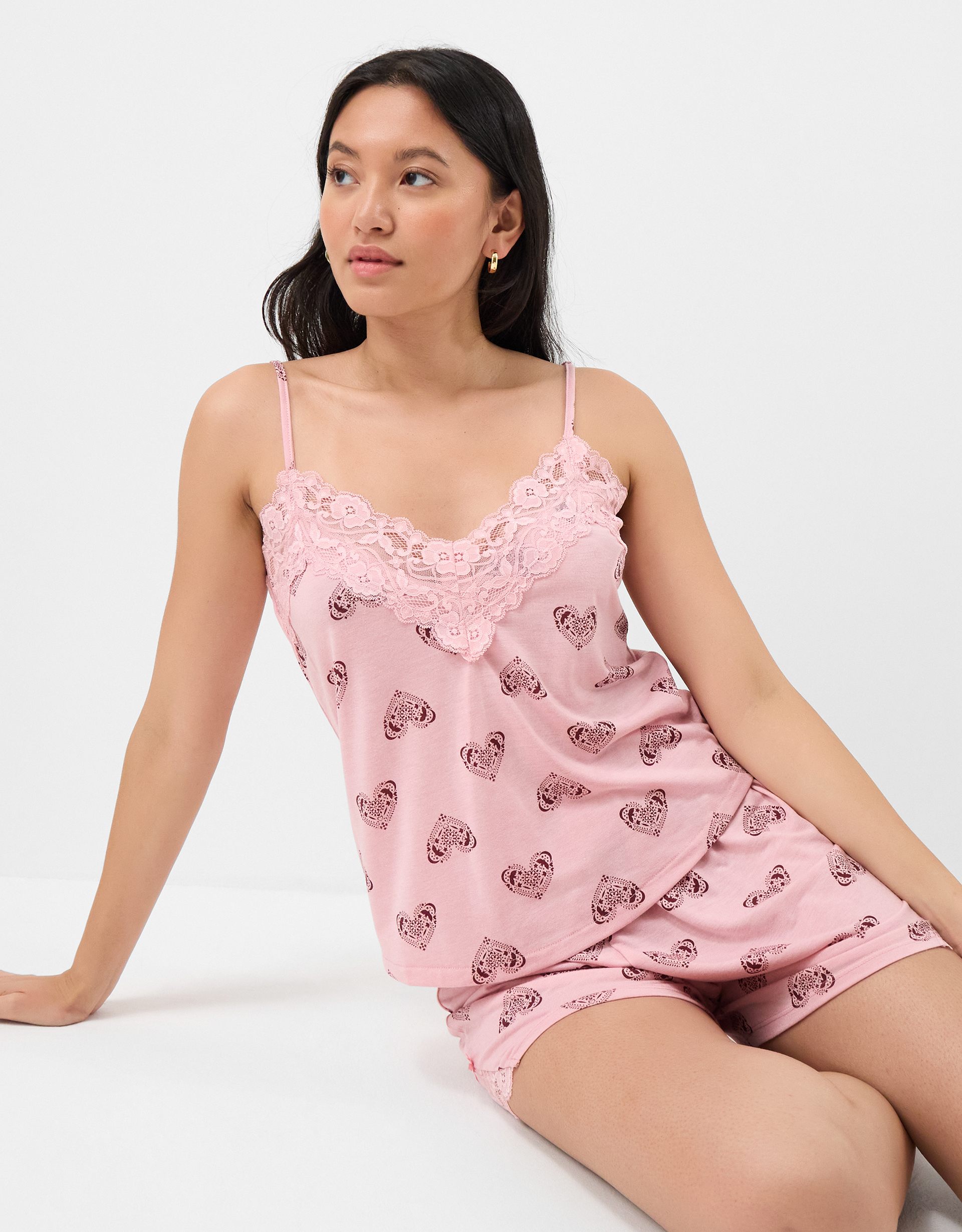 Heart Print Lace Trim Short Pyjamas Set Multi, Size: XL - Accessorize