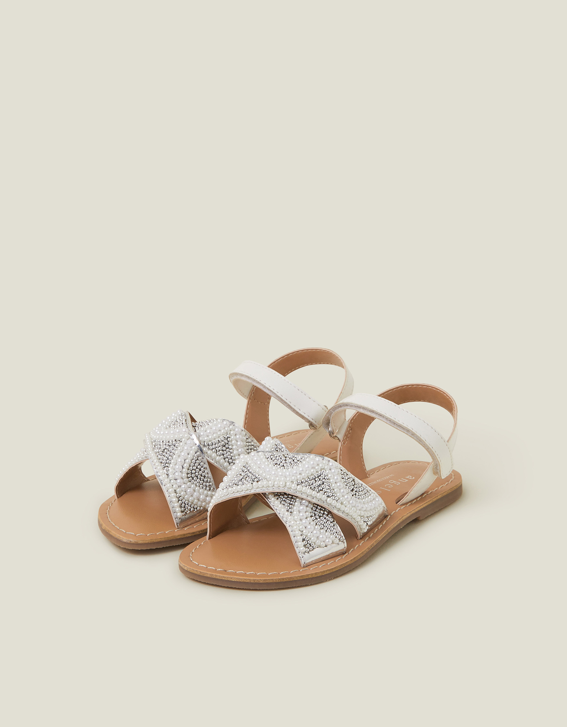 Beaded Cross Strap Sandals Ivory, Size: 10 - Accessorize