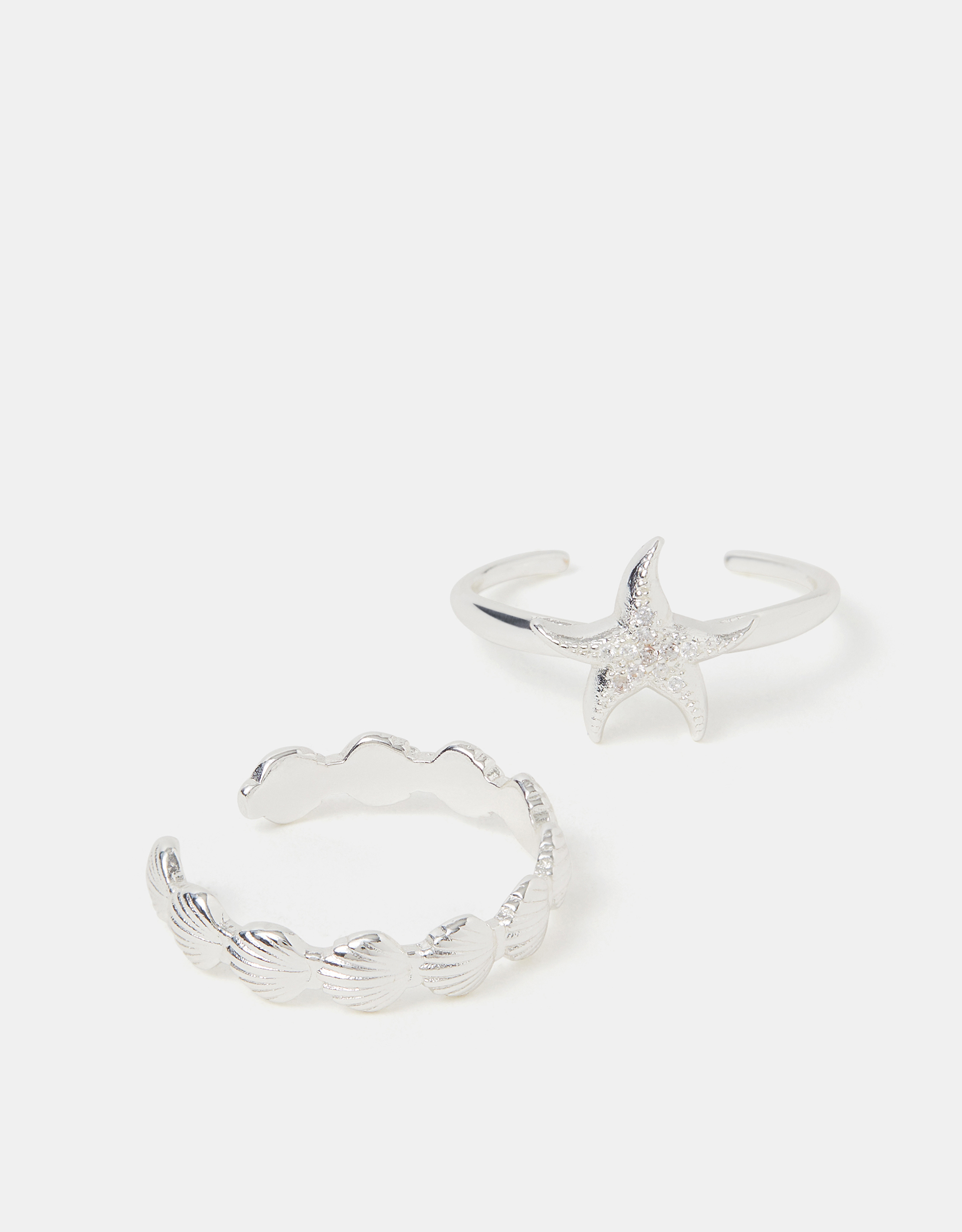 Accessorize - Gift for her, 2-Pack Sterling Silver-Plated Shell & Starfish Rings, Silver, Size: 1cm