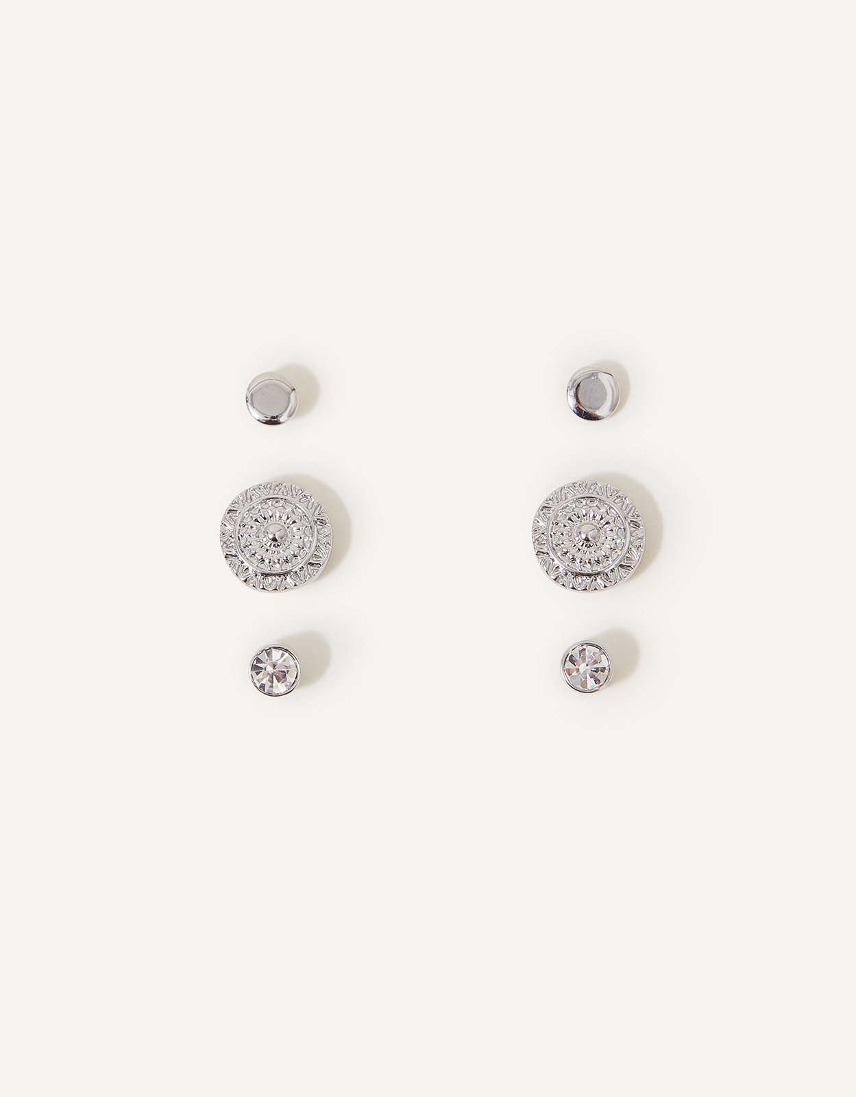 Accessorize Women's Textured Discs Stud Earring Set of Three, Size: 1cm