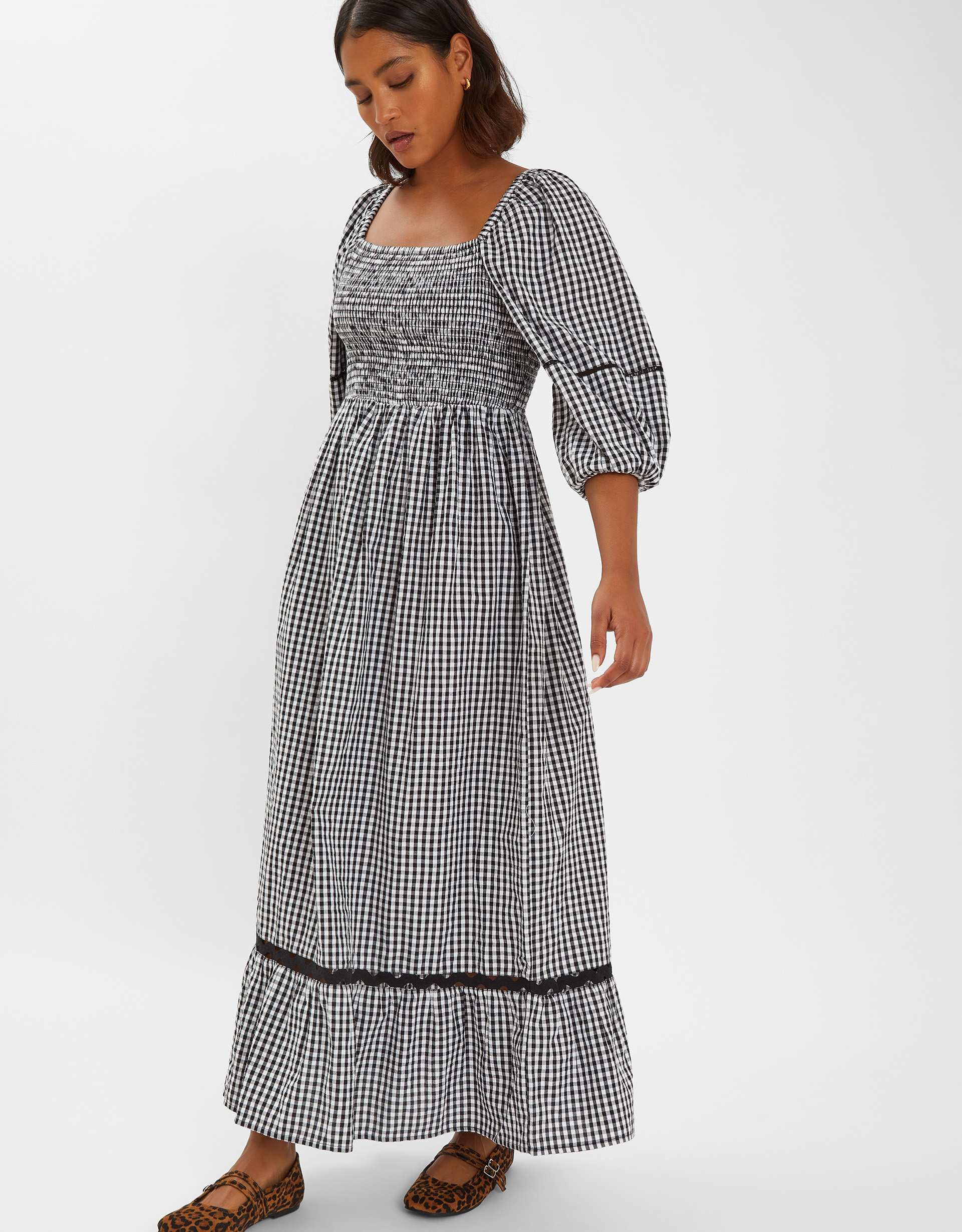 Black & White Cotton Gingham Puff Sleeve Maxi Dress, Size: L, Women's - Accessorize
