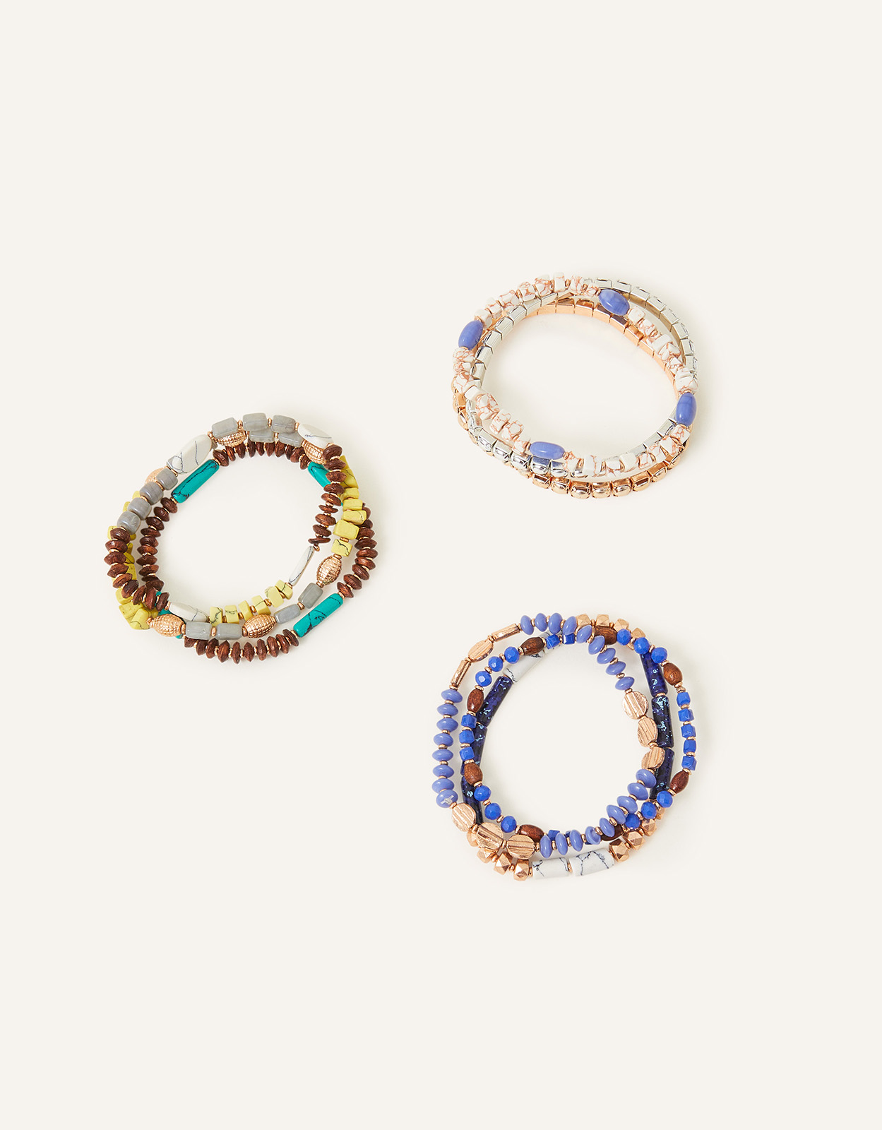 Accessorize Women's Gold, Blue and Brown Stone Pack of 9 Chunky Bead Bracelets, Size: 19cm