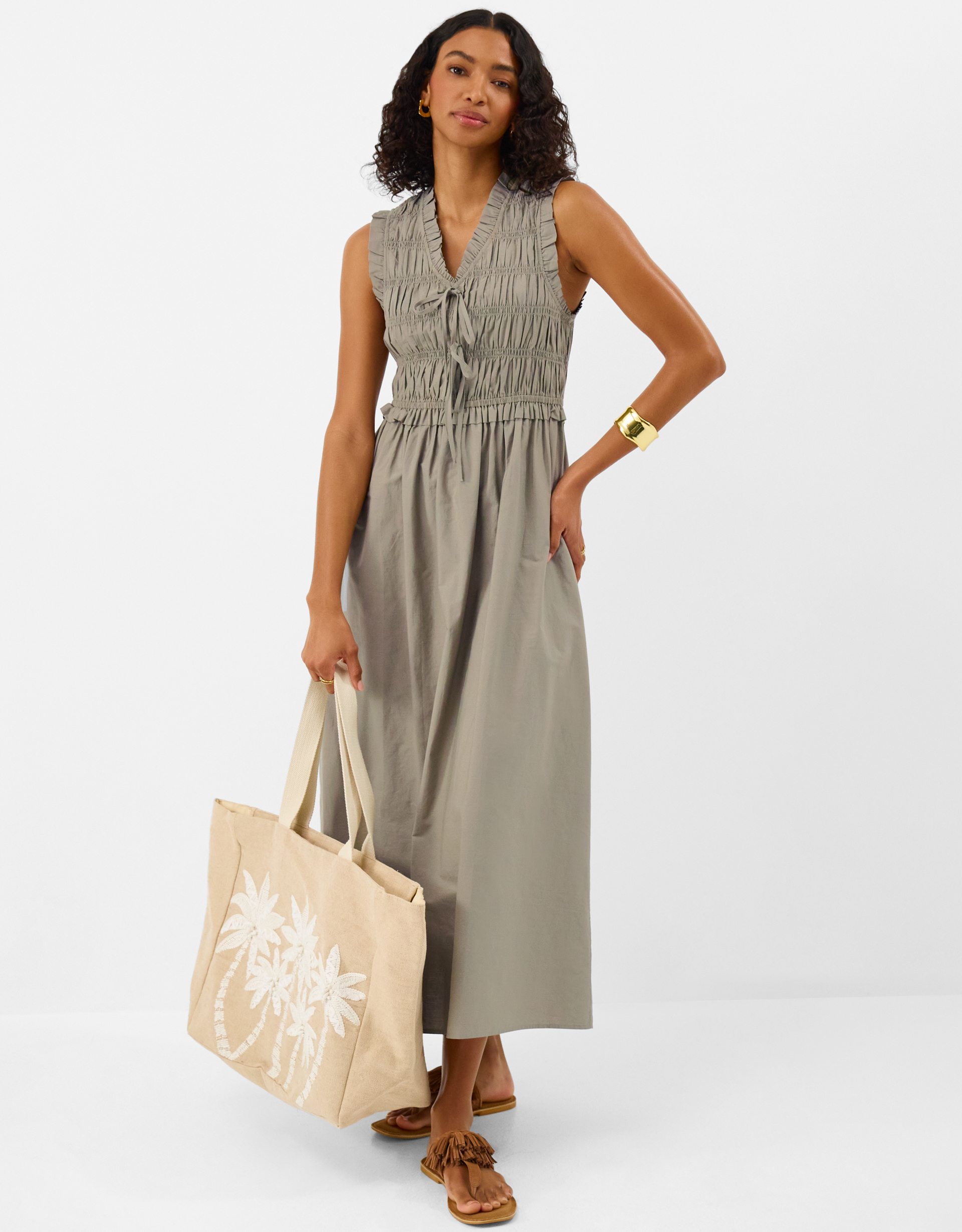 Accessorize Midi Cotton V-neck Casual Sleeveless Fit and Flare Regular A - Line Tie Front Smocked Dress Green, Light Size:
