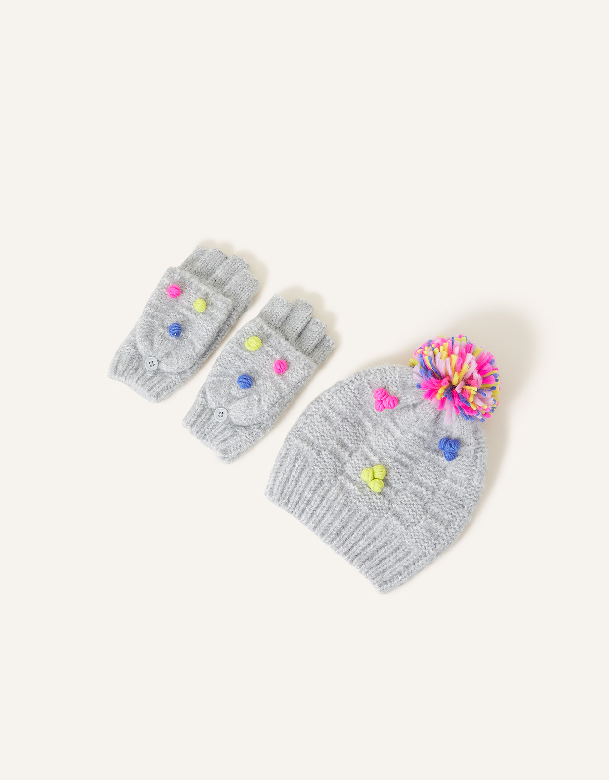 Accessorize Girl's Girls Pom-Pom Hat and Gloves Set Grey, Size: 3-5 yrs