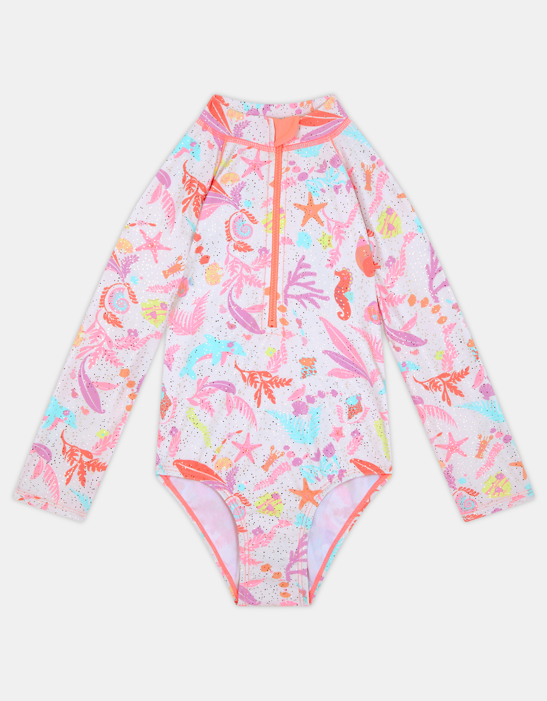 Accessorize Kids One-piece Long Sleeve Regular Printed Sealife Swimsuit Multi, Pink & Orange, Size: 5-6 Years