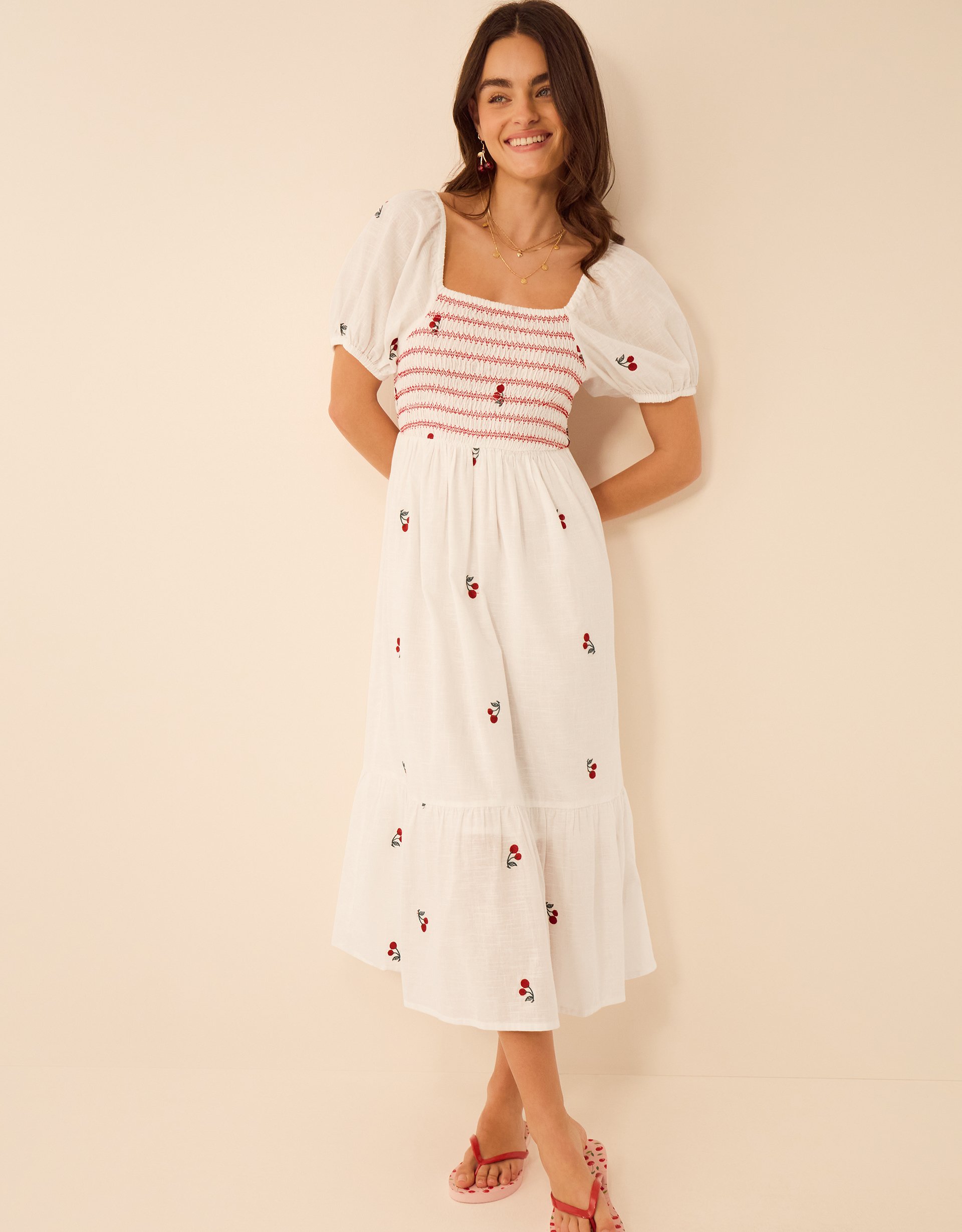 Accessorize Cotton Embroidered Puff Sleeve Cherry Midi Dress, White, Size: M