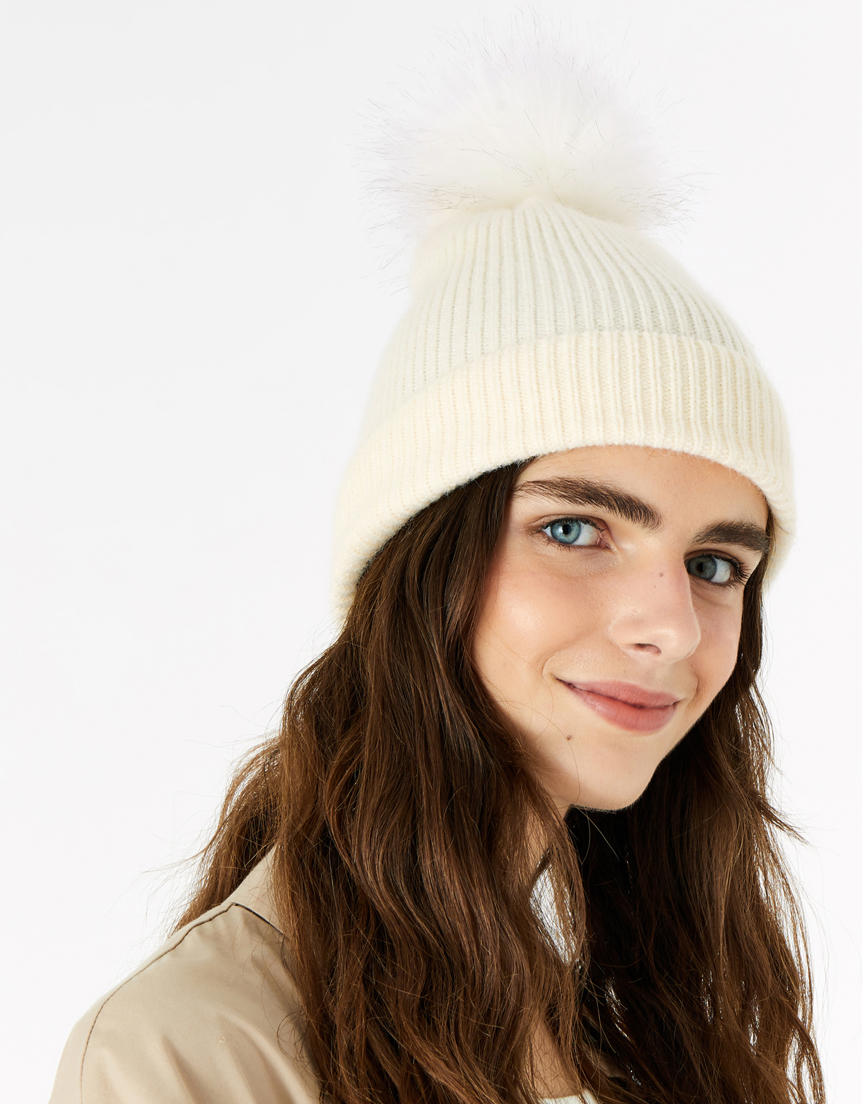 Accessorize Women's Knit Pom-Pom Beanie With Recycled Fabric Natural, Size: One Size