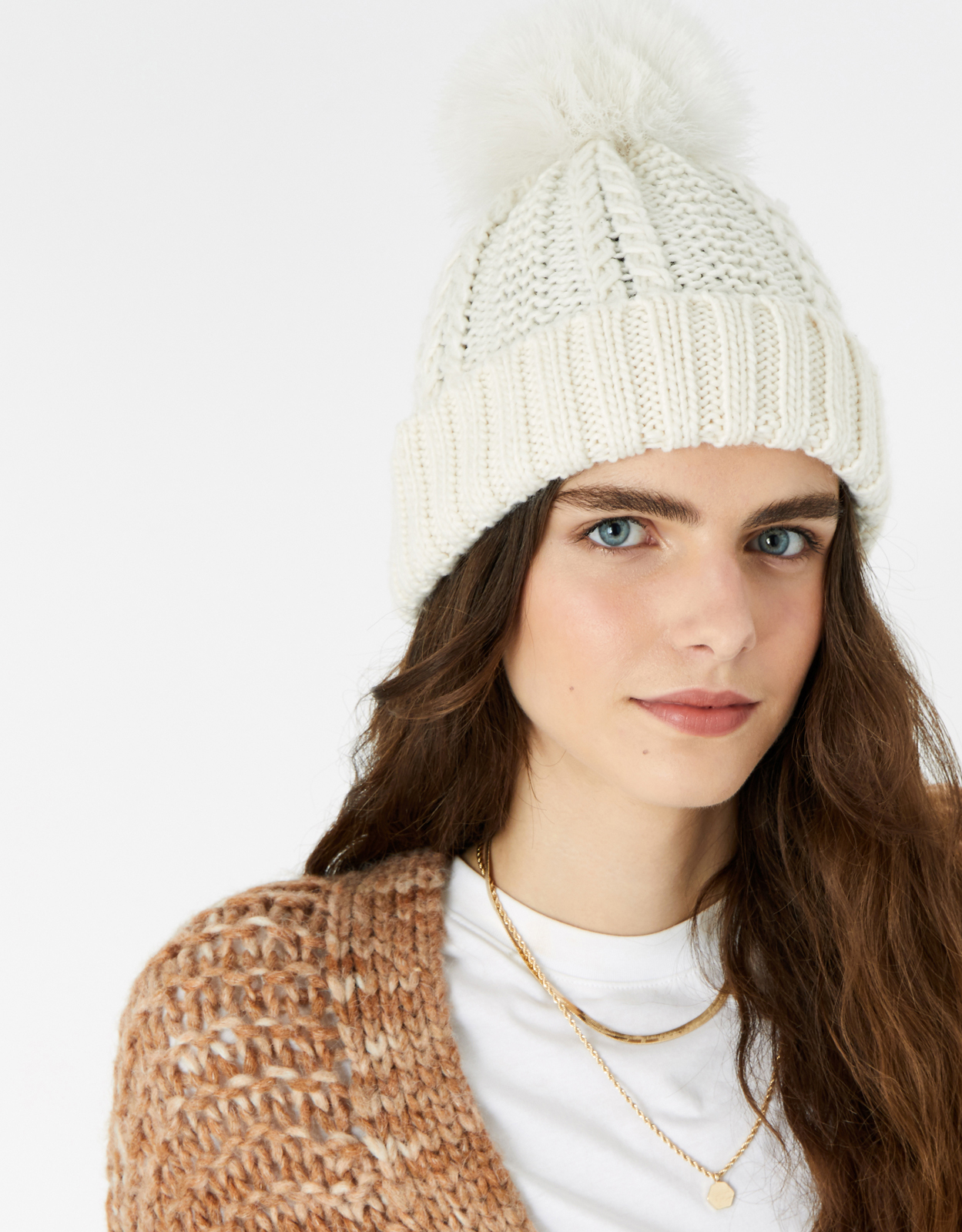 Accessorize Women's Cream Classic Knitted Chunky Knit Pom-Pom Beanie, Size: One Size