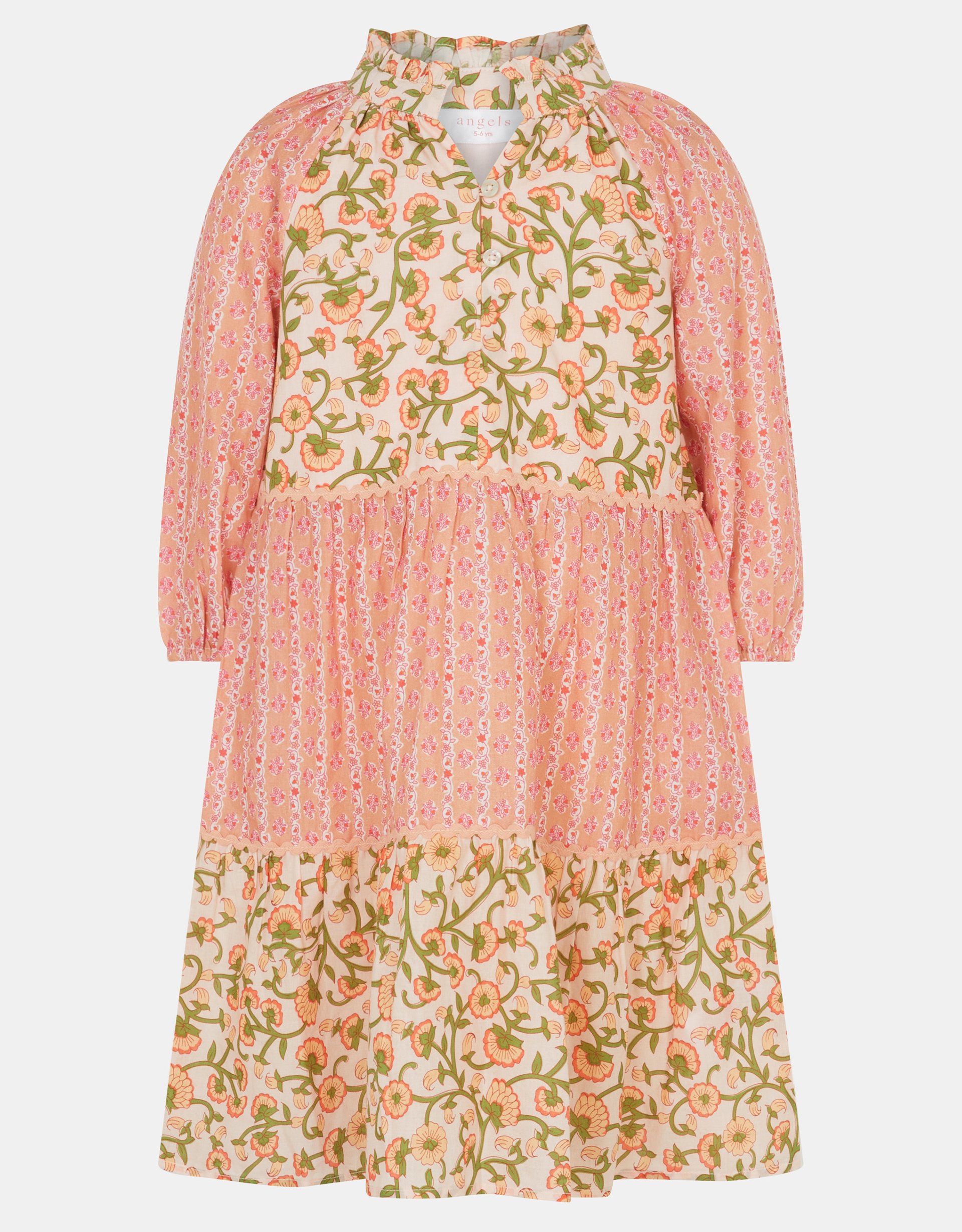 Accessorize Floral Girls Long Sleeve Mixed Dress, Pink, Size: 9-10 Years