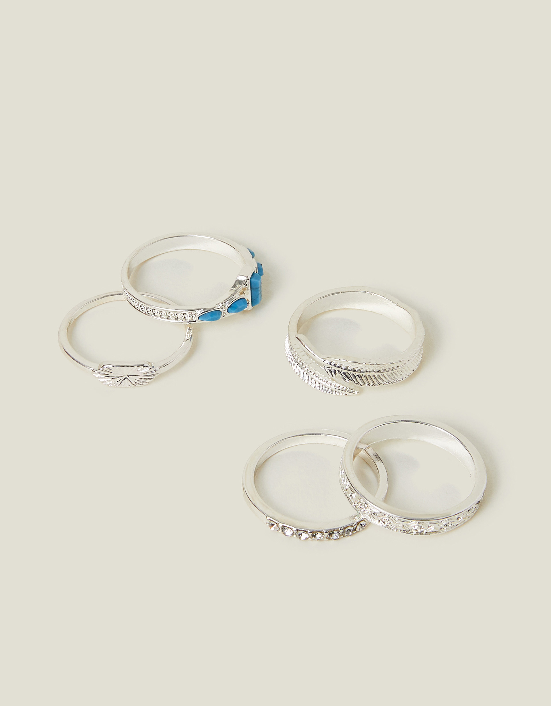 5-Pack Feather Stone Rings Silver Size: M - Accessorize