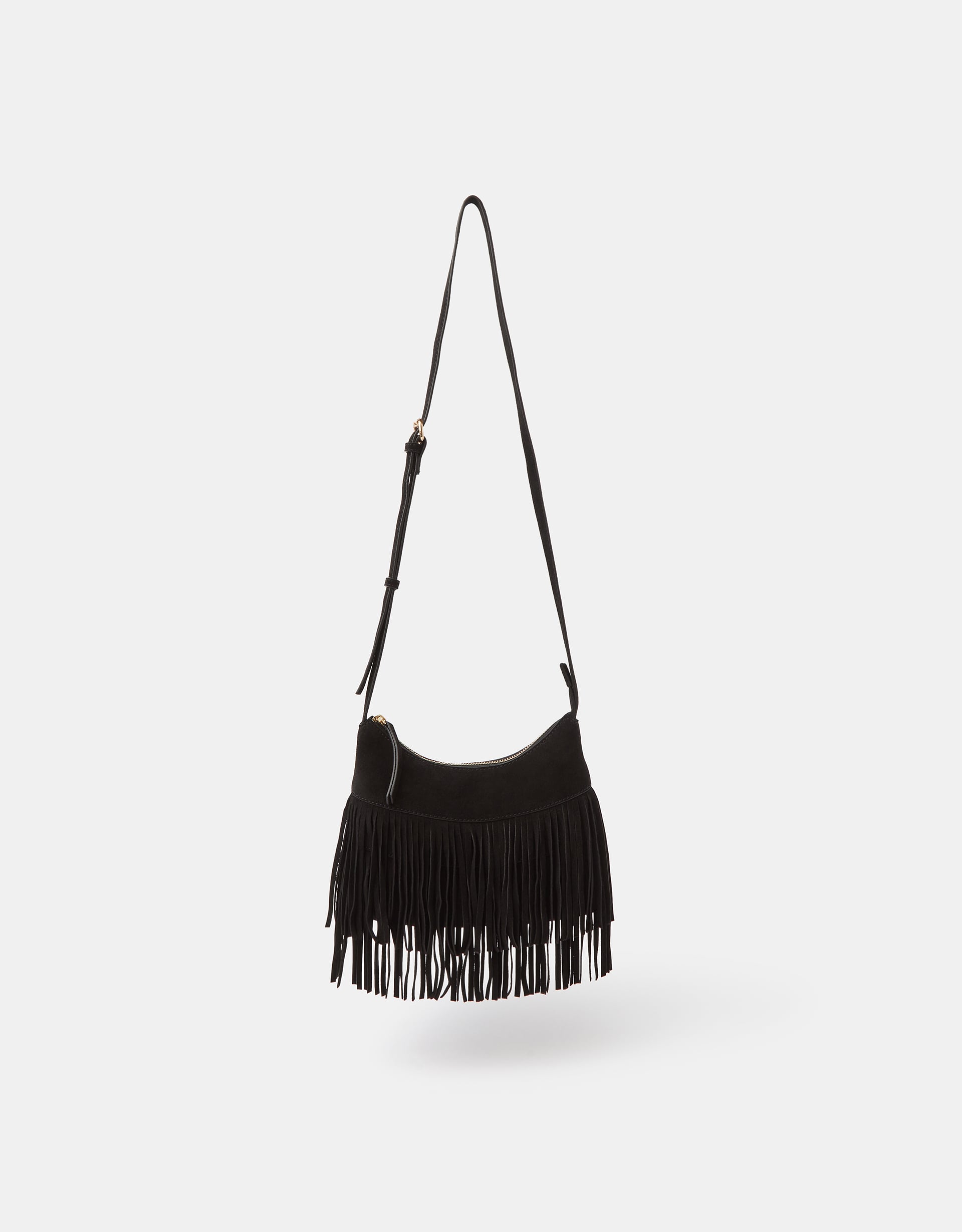 Accessorize Canvas Fringe Suede Crossbody Bag, Black