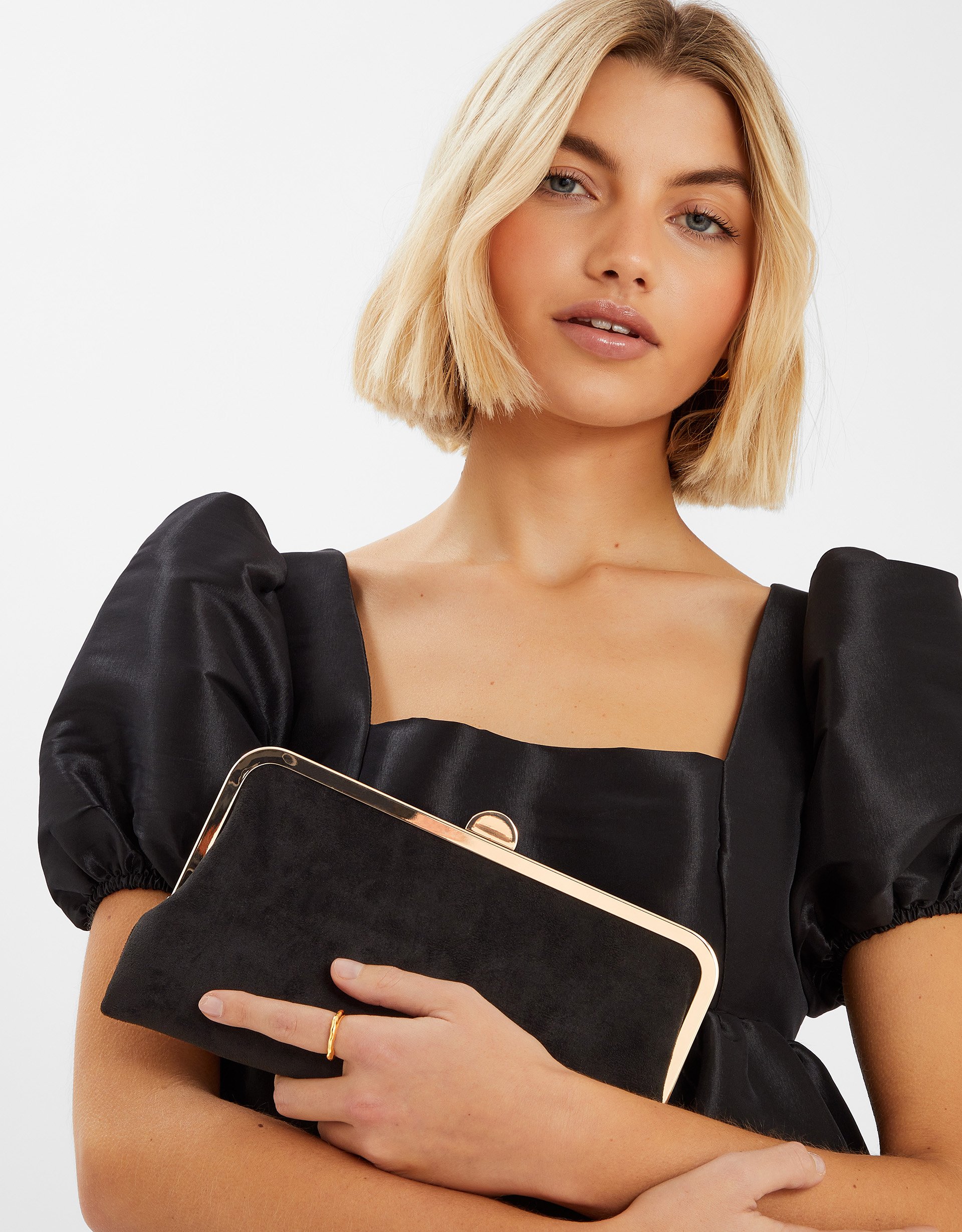 Suedette Clip Frame Clutch Bag Black - Accessorize