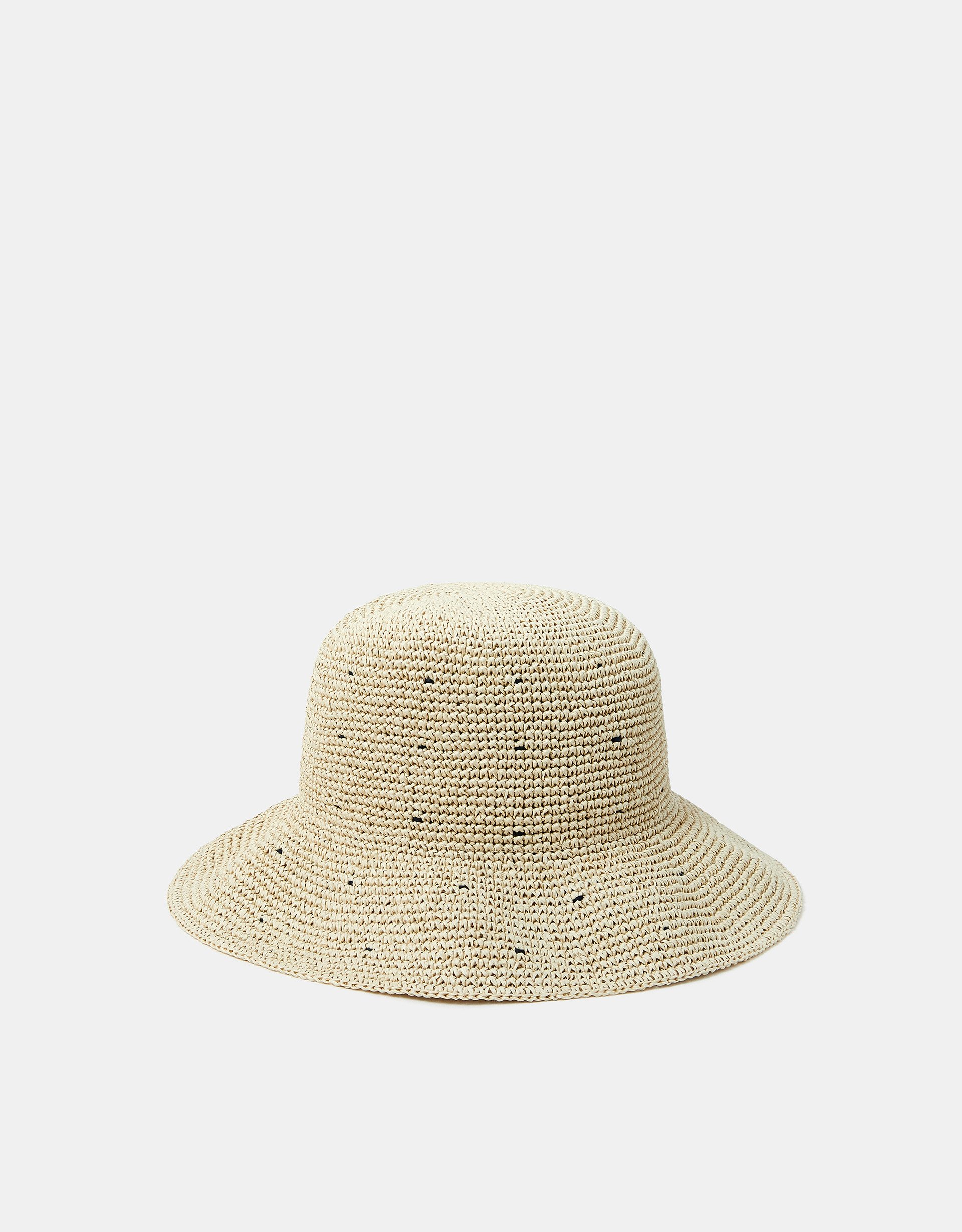 Black Spot Straw Bucket Hat Natural - Accessorize