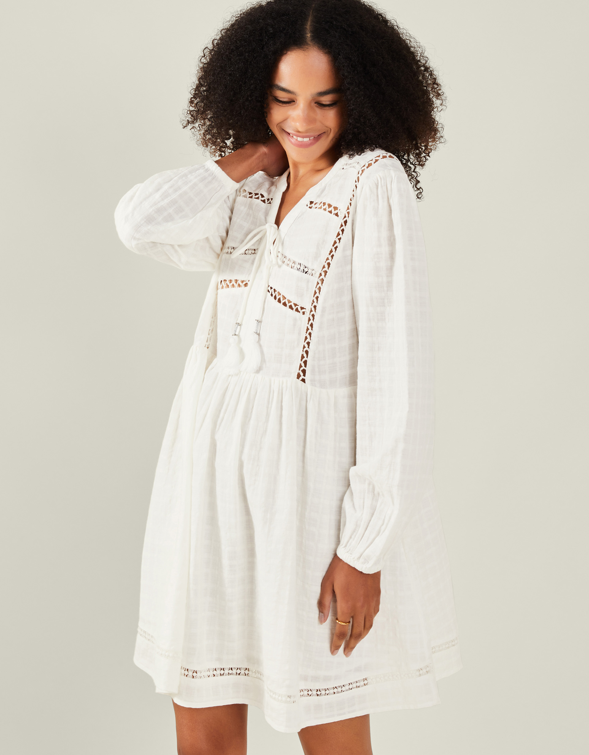 White Cotton Lace Insert Long Sleeve Mini Dress, Size: XS, Women's - Accessorize
