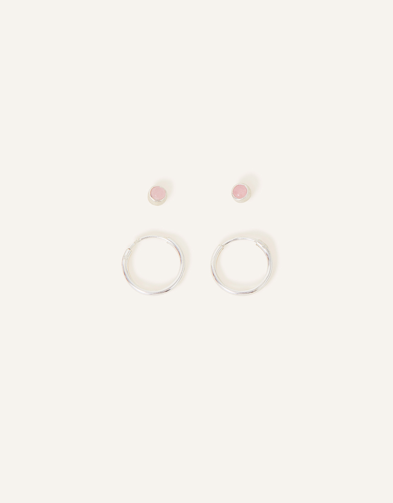 Accessorize Women's Pink and Sterling Silver Set of Two Rose Quartz Stud Hoops, Size: 0.5cm