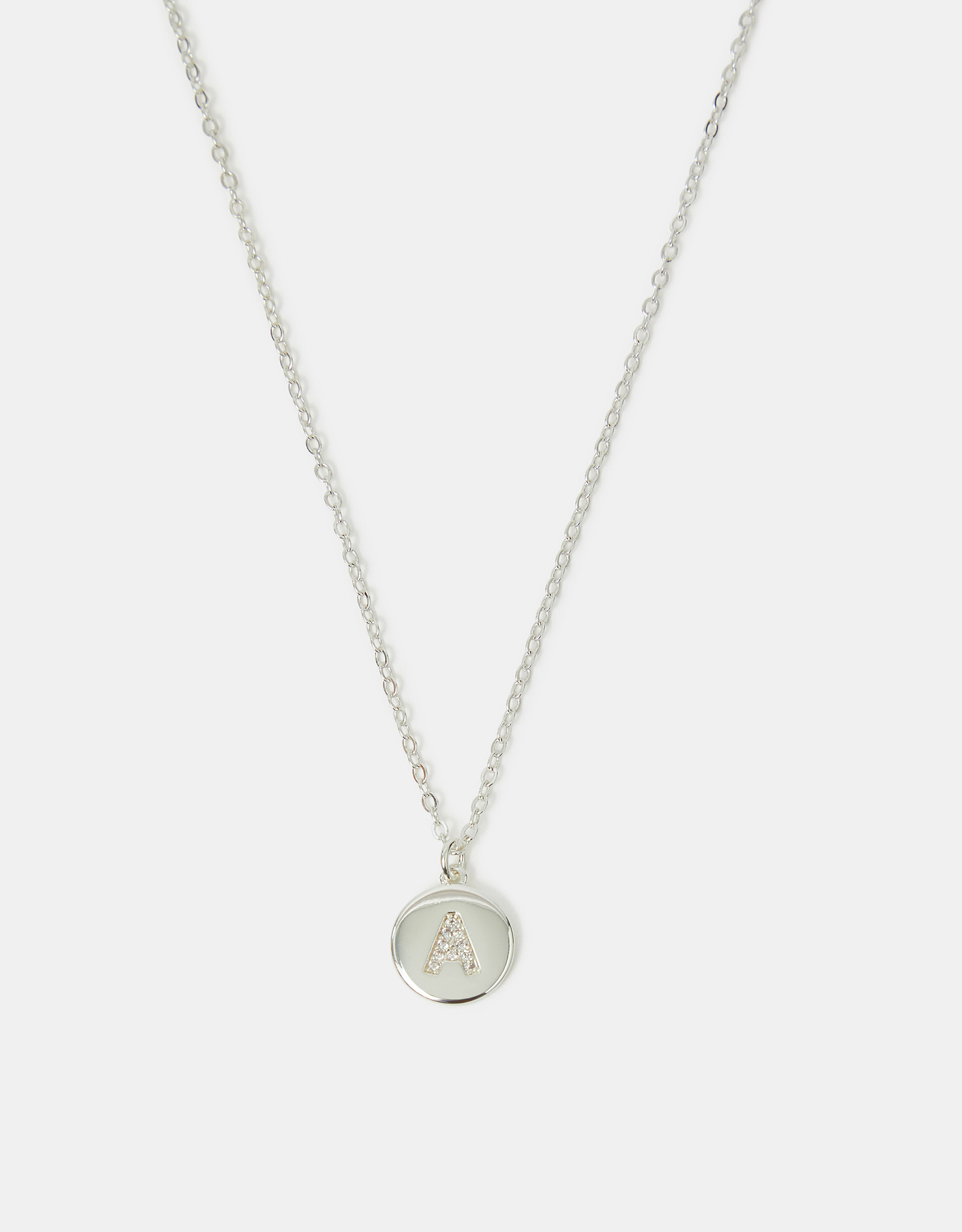 Sterling Silver-plated Diamante Initial Round Pendant Necklace Silver, Size: T - Accessorize