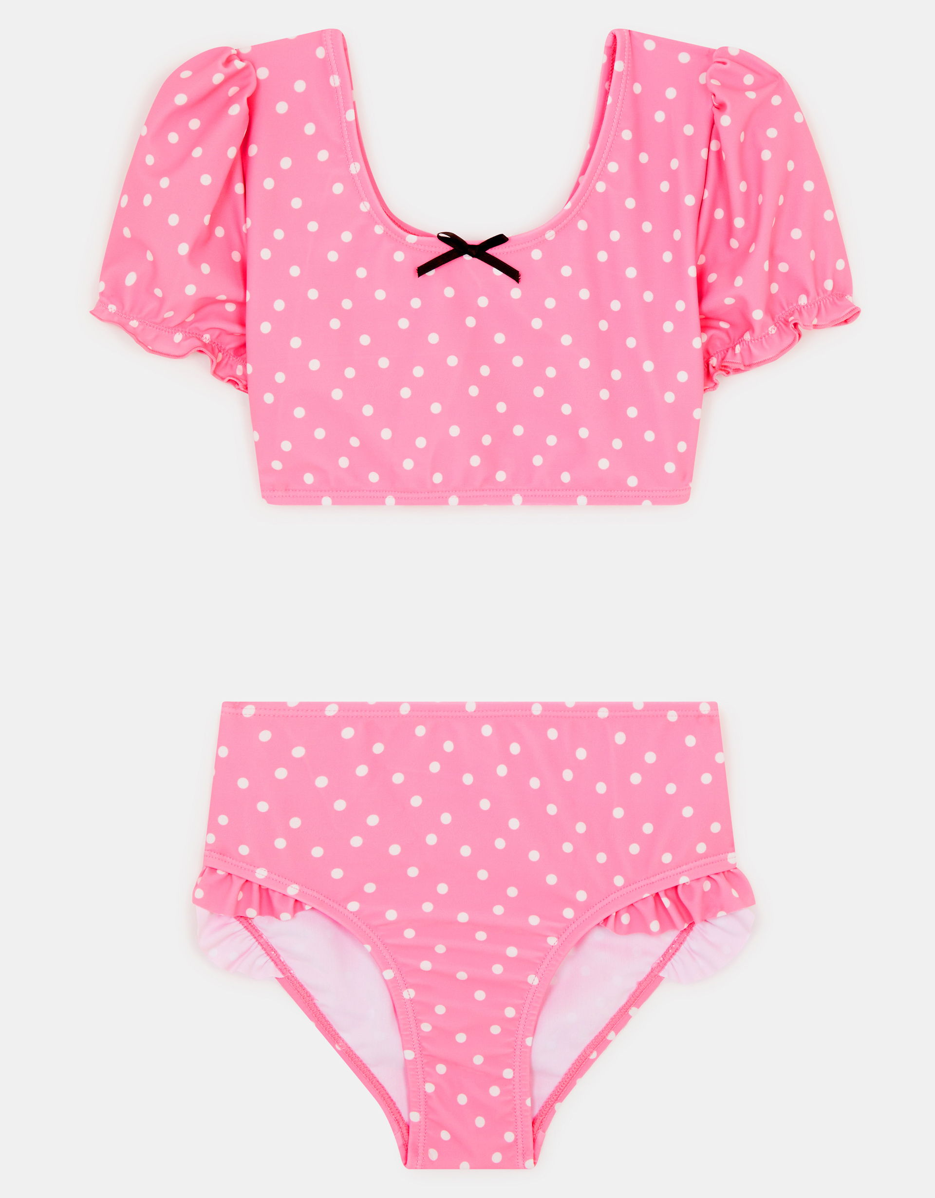 Accessorize Lace Polka Dot Girls Puff Sleeve Swim Set, Pink, Size: 9-10 Years