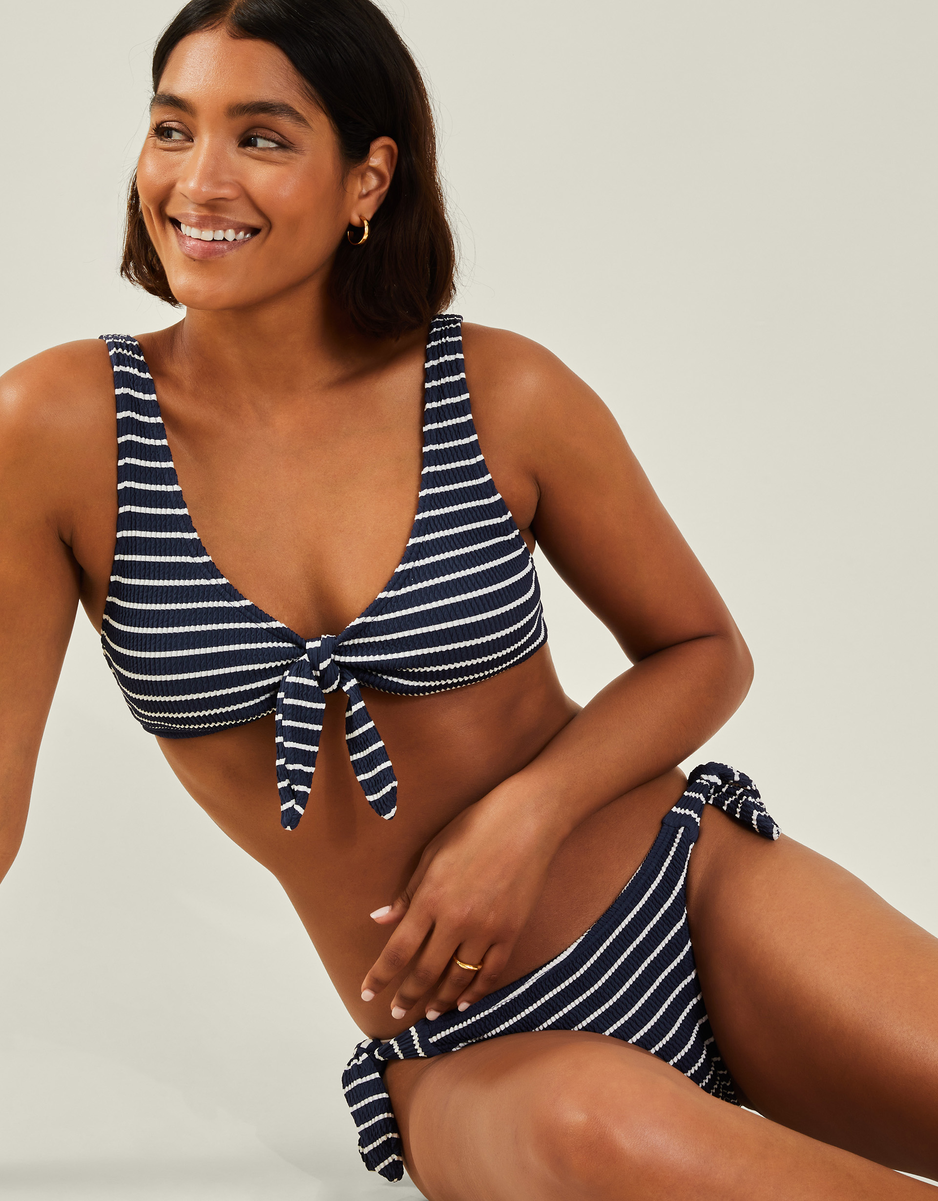 Stripe Crinkle Tie Bikini Top Blue, Size: 20 - Accessorize