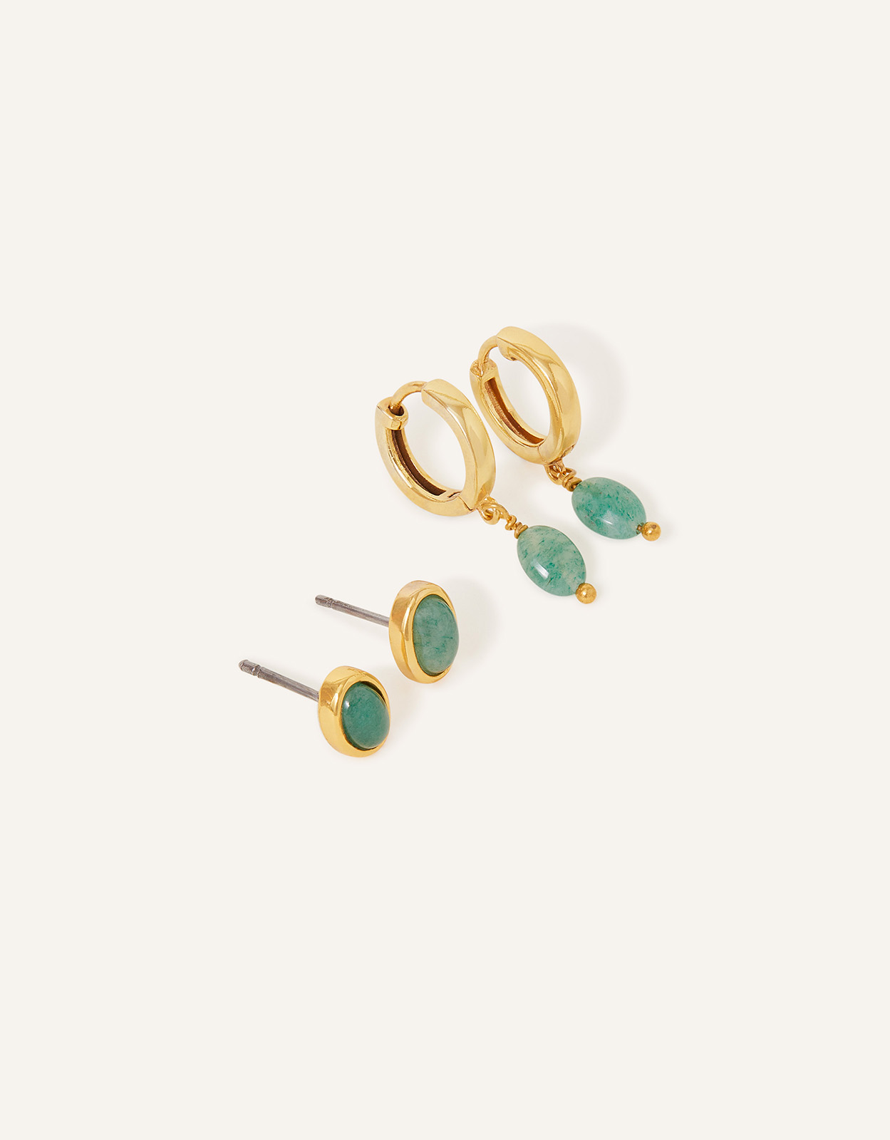 Accessorize Women's Gold-Plated and Green Brass Set of Two 14ct Aventurine Bobble Earrings, Size: 2cm