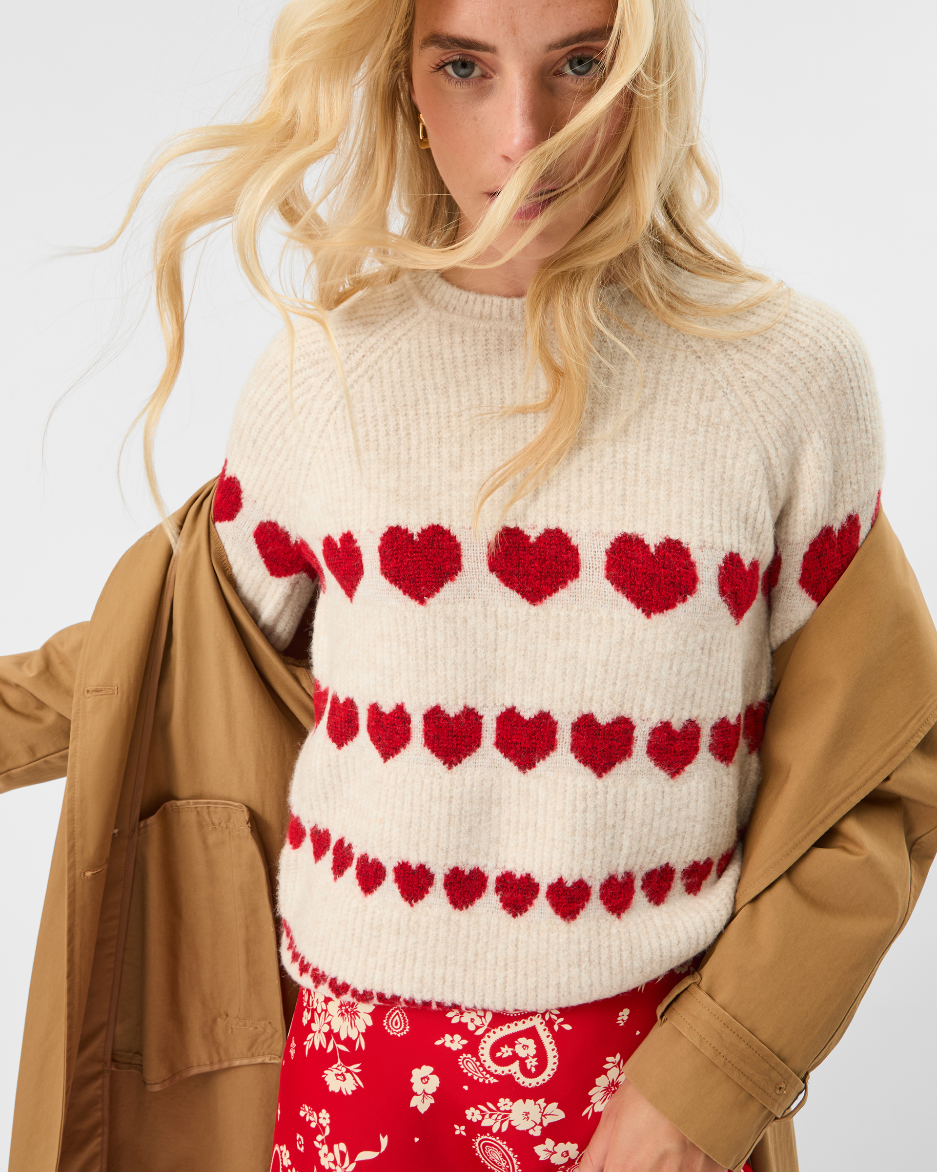 Beige/red Heart Print Jumper Camel, Size: M, Women's - Accessorize