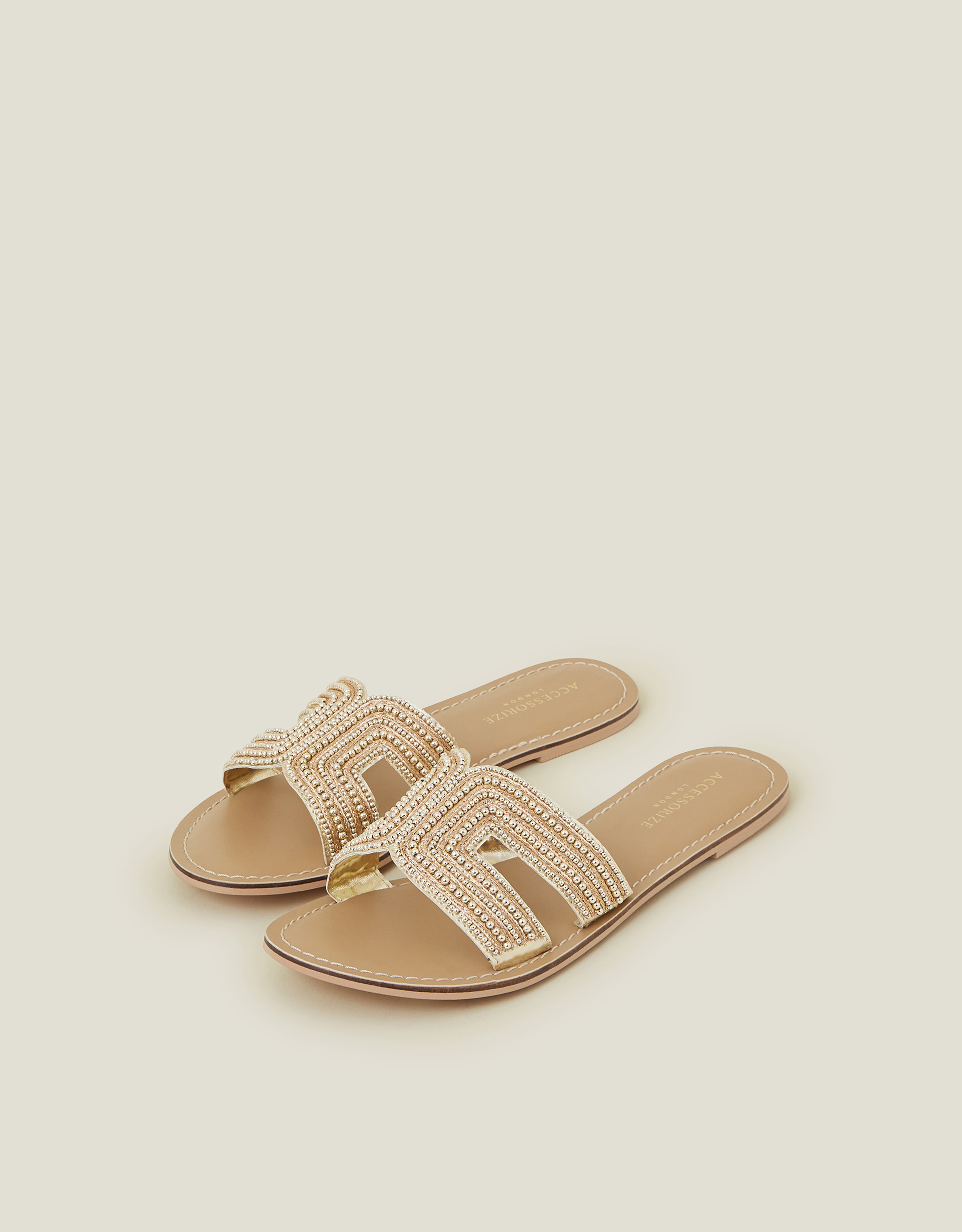 Bella Beaded Sliders Gold, Size: 38, Women's - Accessorize