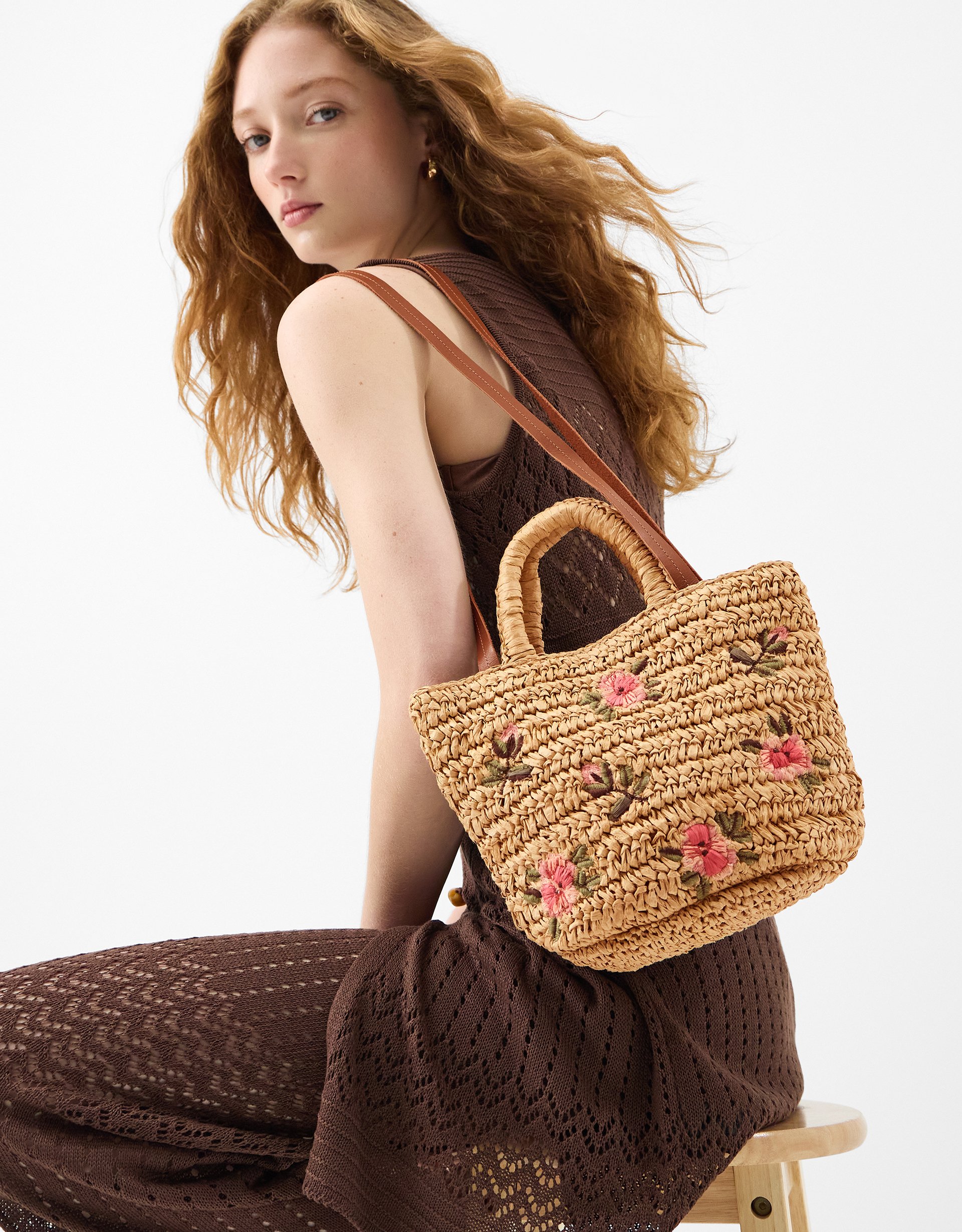 Accessorize Floral Embroidered Raffia Bag, Pink