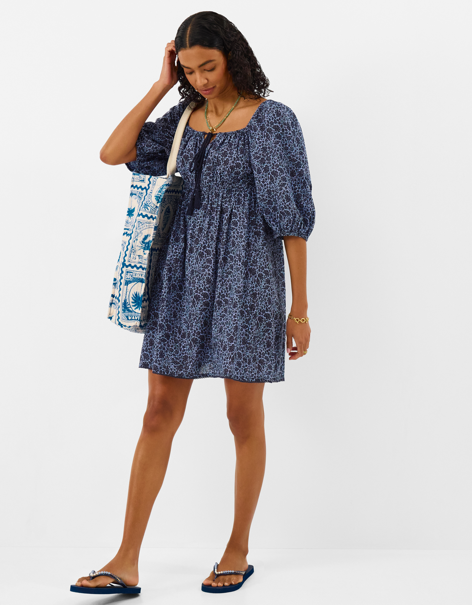 Accessorize Mini Print Puff Cotton Floral Sleeve Dress, Blue, Size: