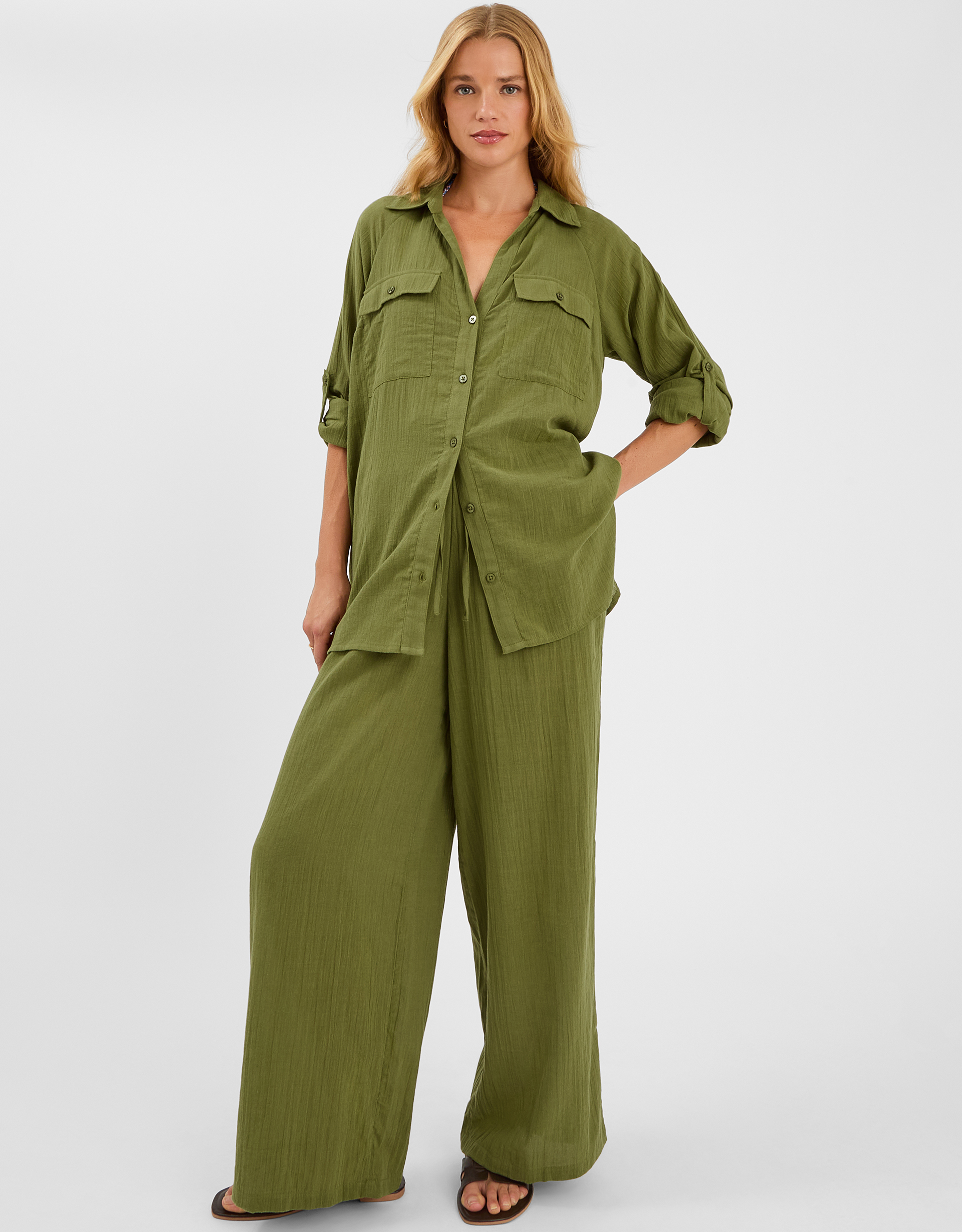 Green Cotton Wide Leg Beach Trousers, Size: L, Women's - Accessorize