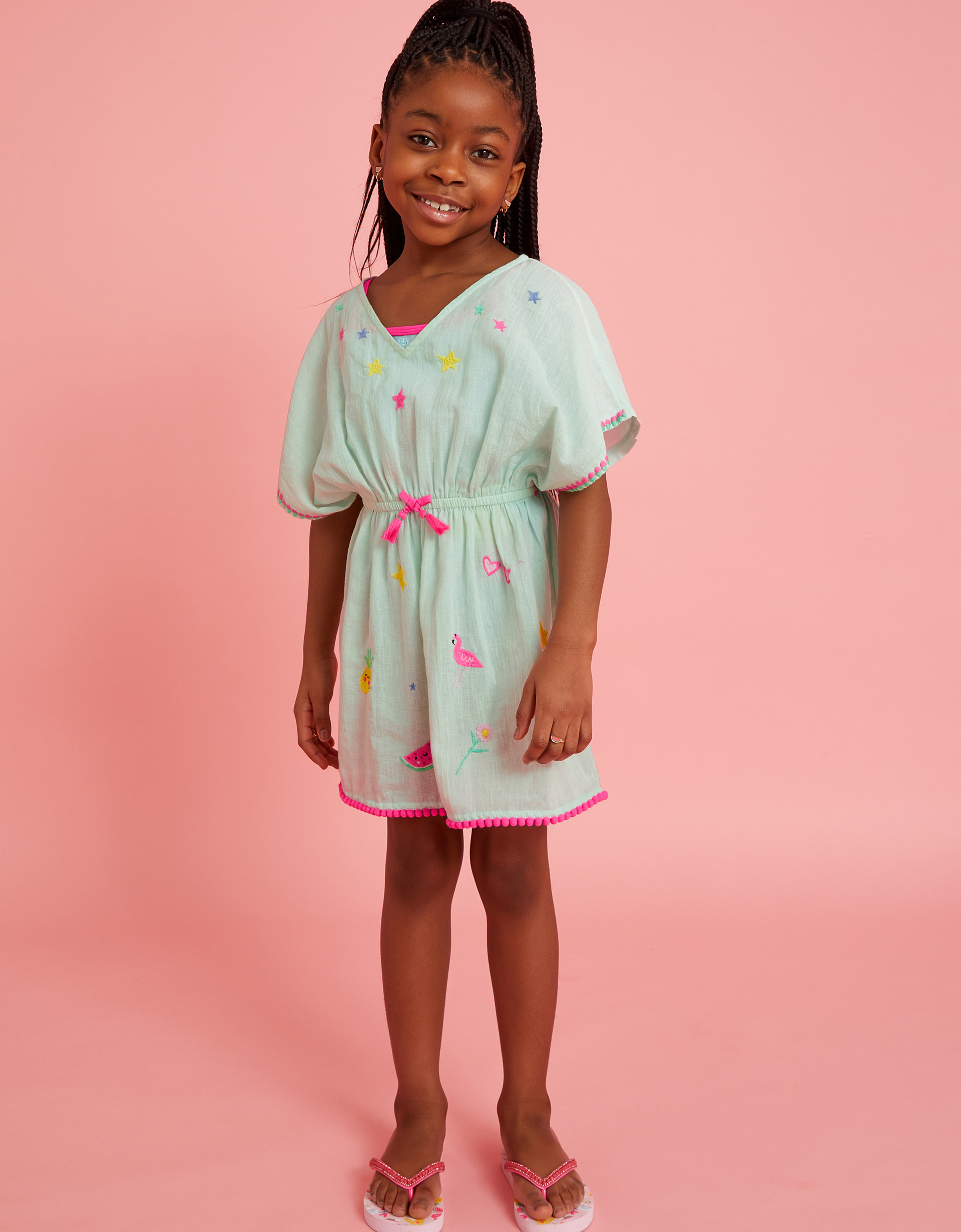 Light Green & Pink Cotton Star Embroidered Kaftan, Size: 7-8 Years, Girl's - Accessorize Toddler's