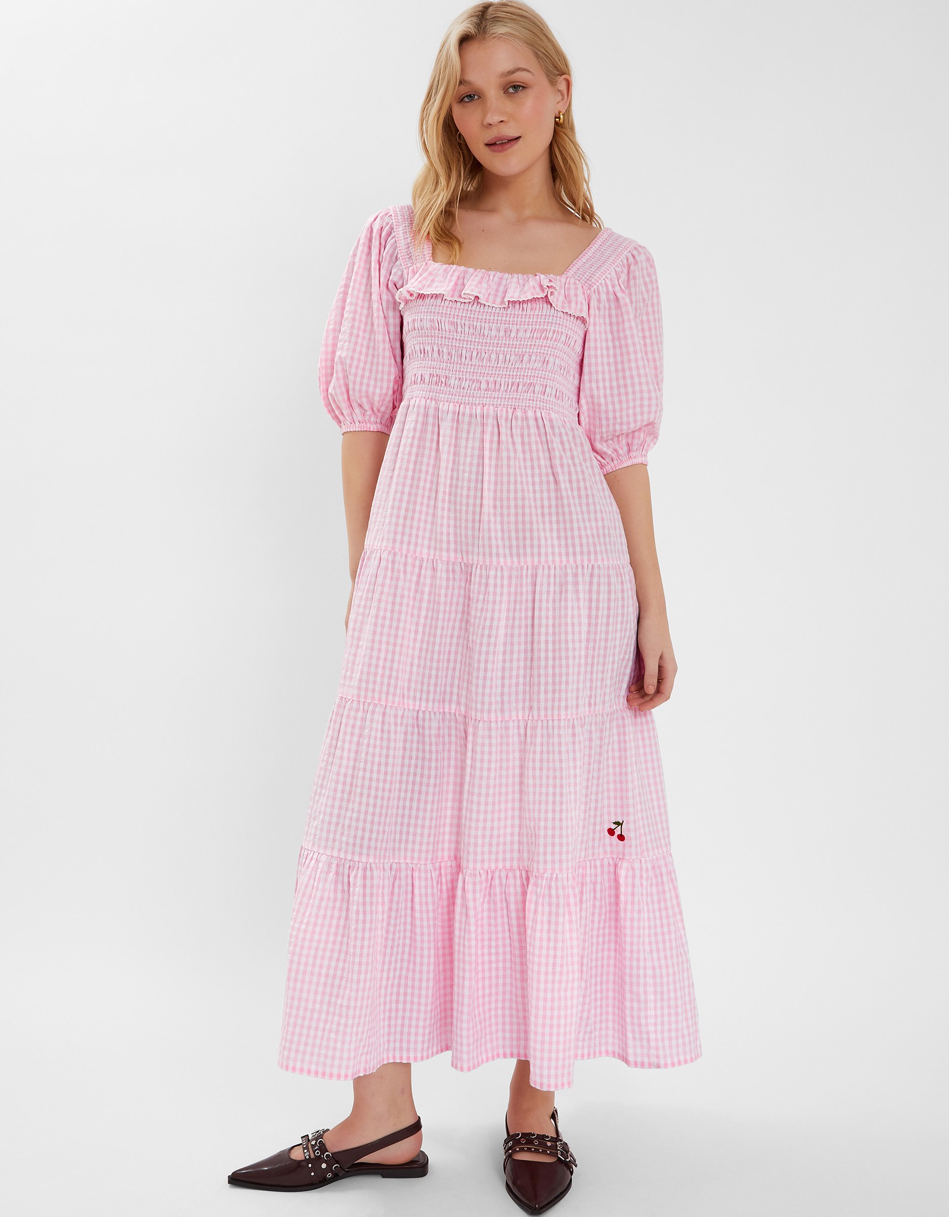 Cherry Gingham Puff-sleeve Maxi Dress Pink, Size: L - Accessorize