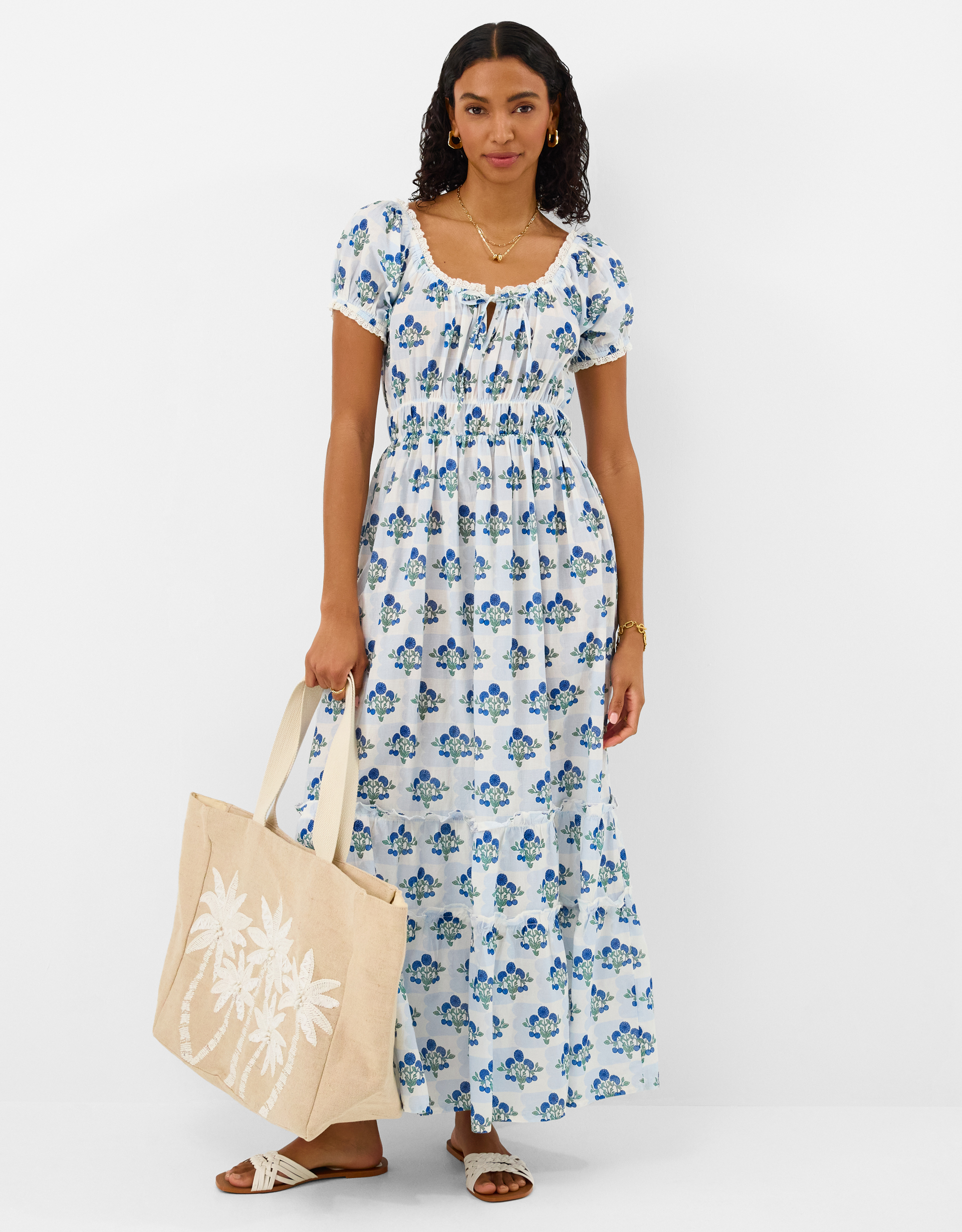 Floral Print Puff Sleeve Midi Dress Ivory, Size: