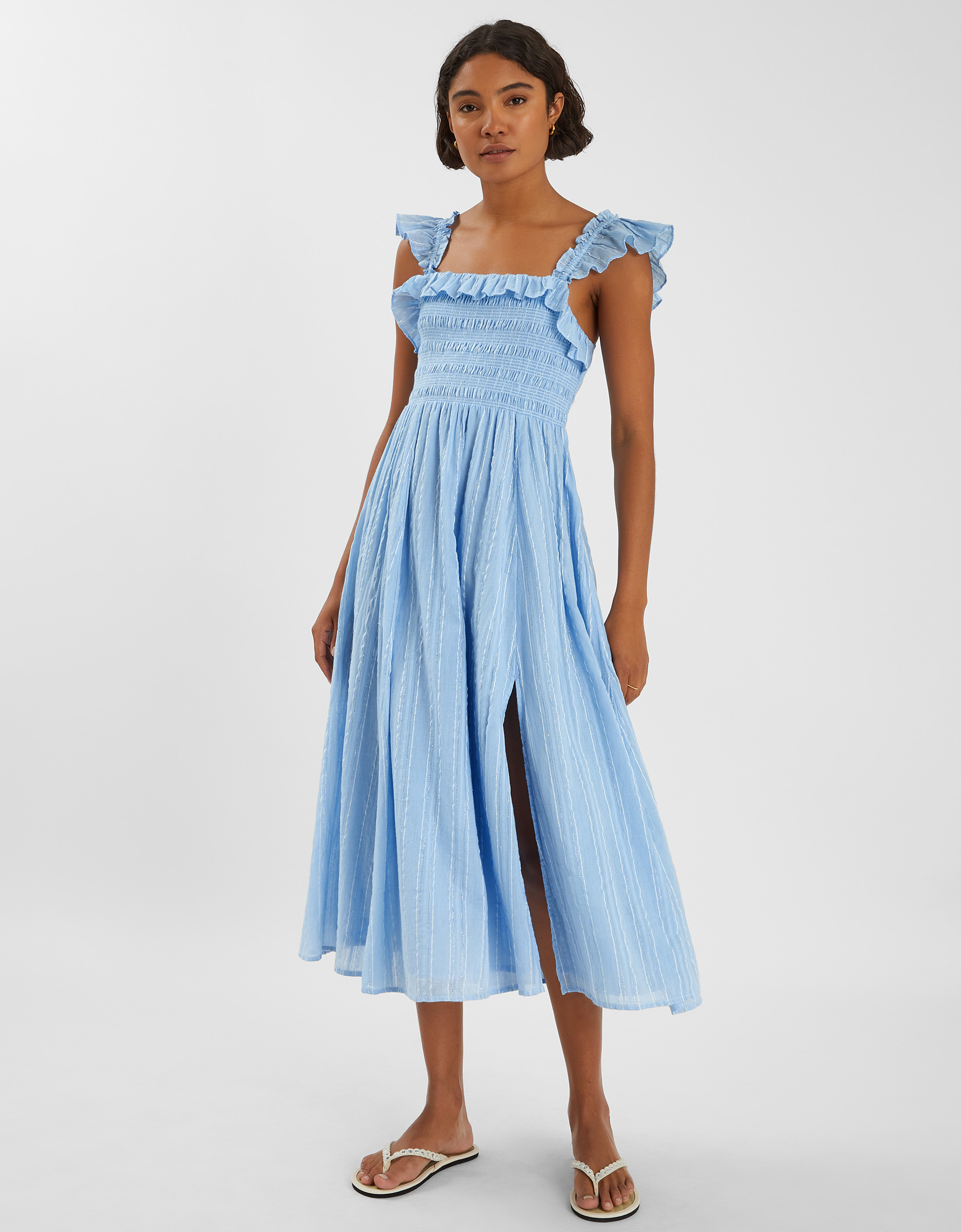 Blue Ruffle Cotton Smocked Midi Dress, Size: L, Women's - Accessorize