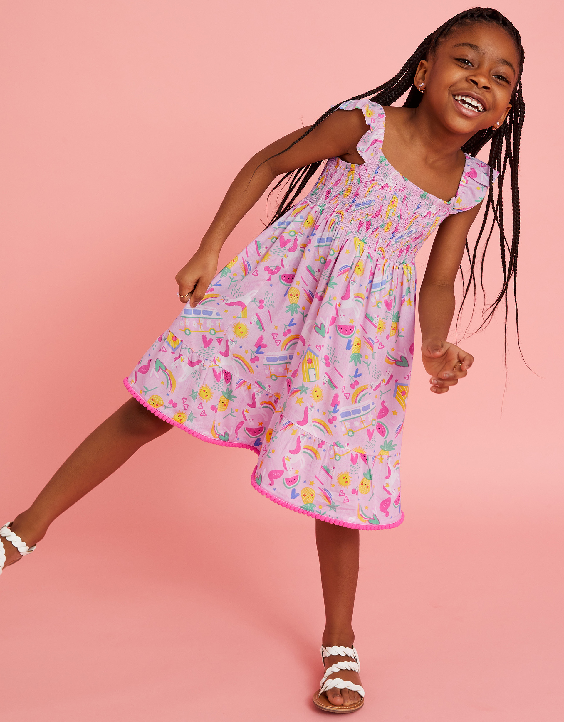 Pink & Yellow Sunbeam Print Shirred Dress, Size: 5-6 Years, Girl's - Accessorize Toddler's
