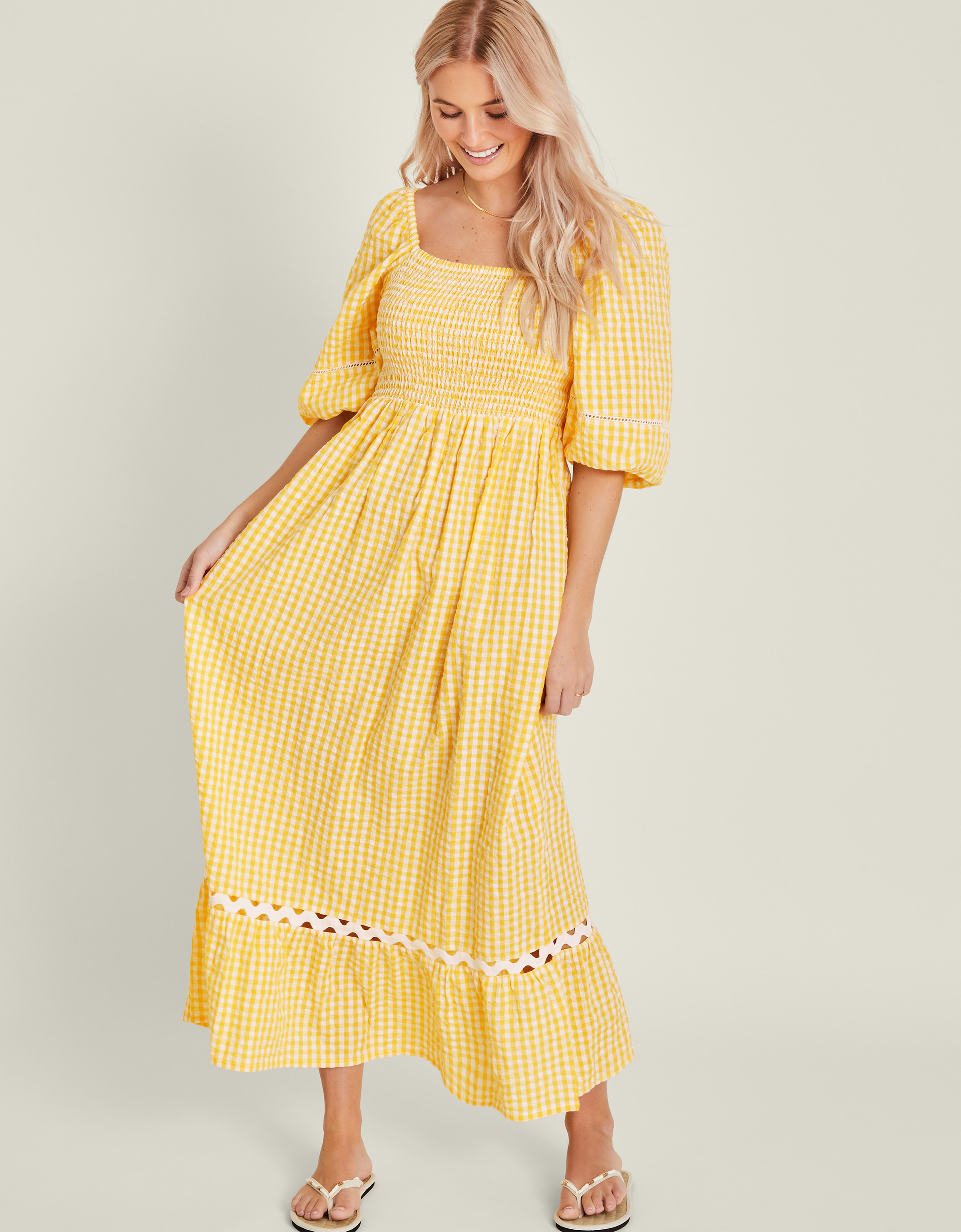 Yellow & White Cotton Gingham Puff Sleeve Maxi Dress, Size: M, Women's - Accessorize