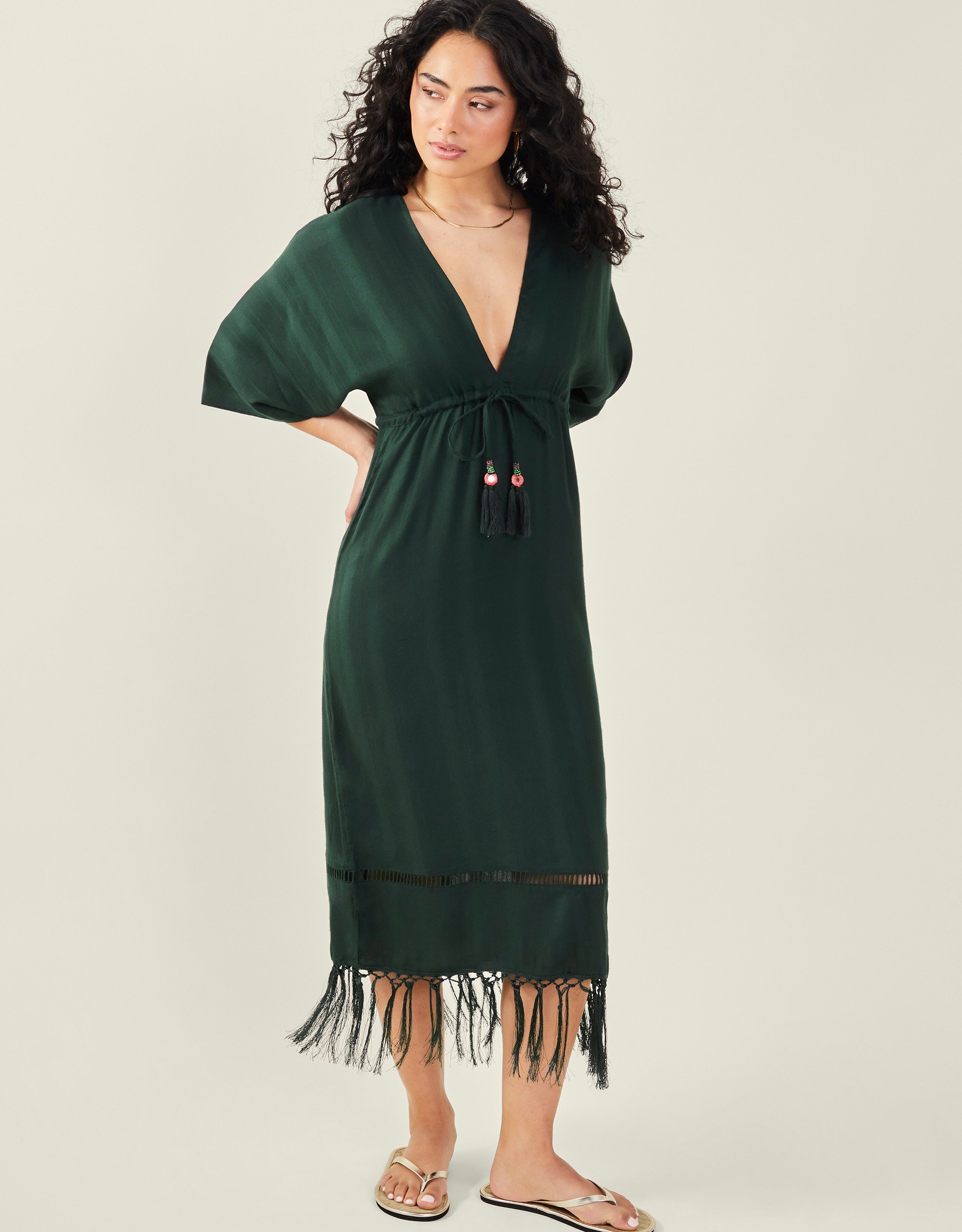 Dark Green Tassel Embellished Kimono Dress, Size: S, Women's - Accessorize
