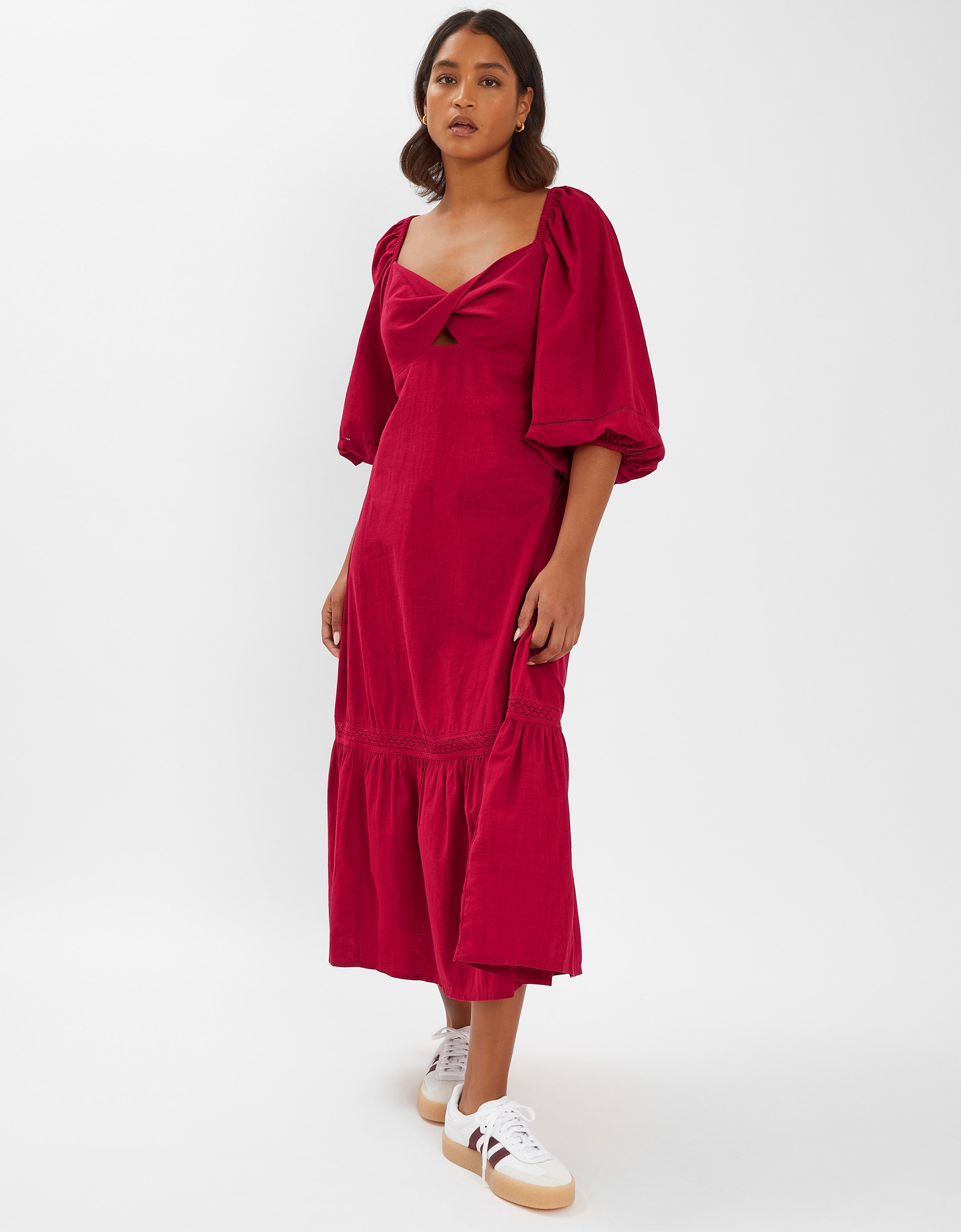 Red Cotton Twist Puff-sleeve Midi Dress, Size: S, Women's - Accessorize