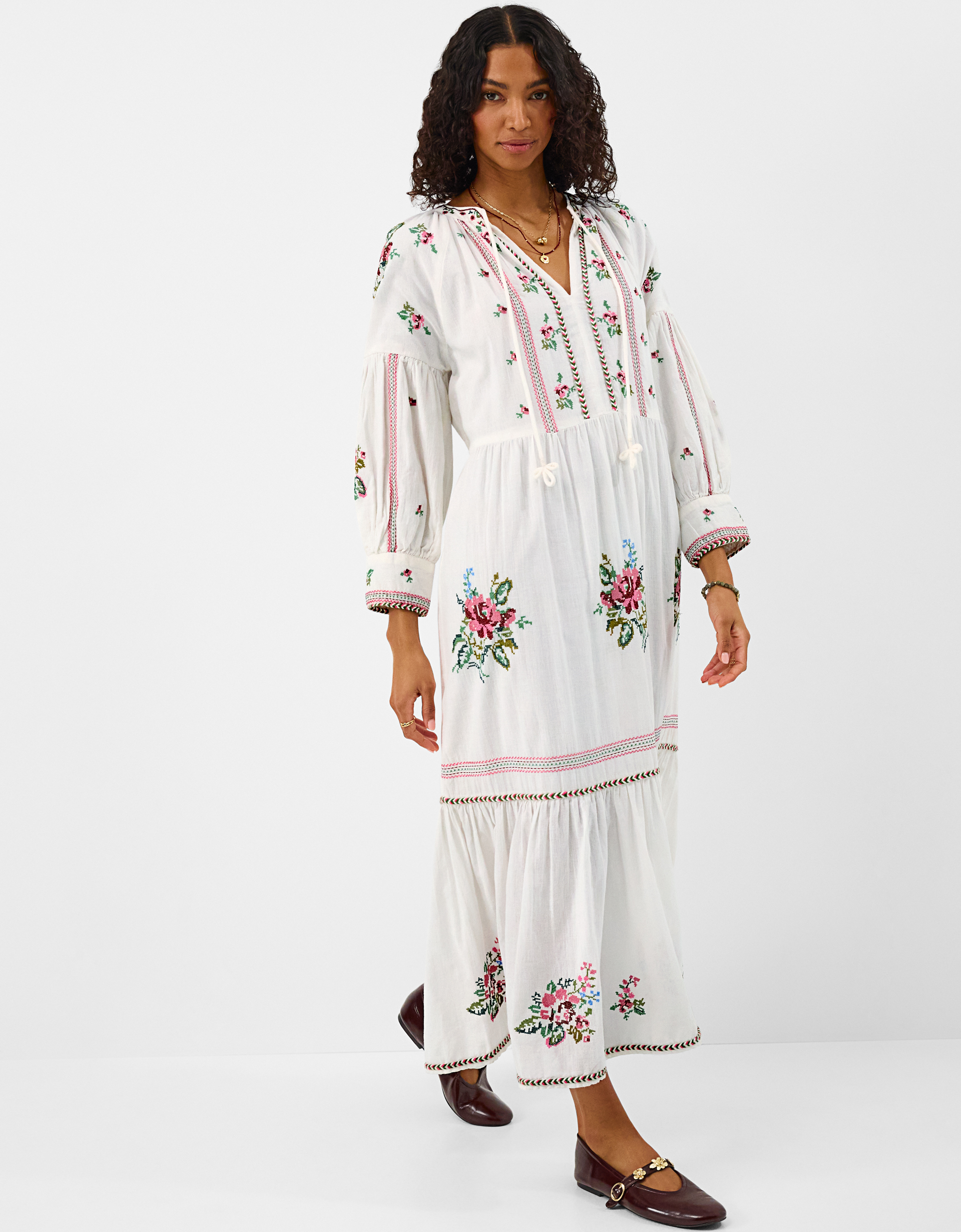 Floral Embroidered Maxi Dress Ivory, Size: