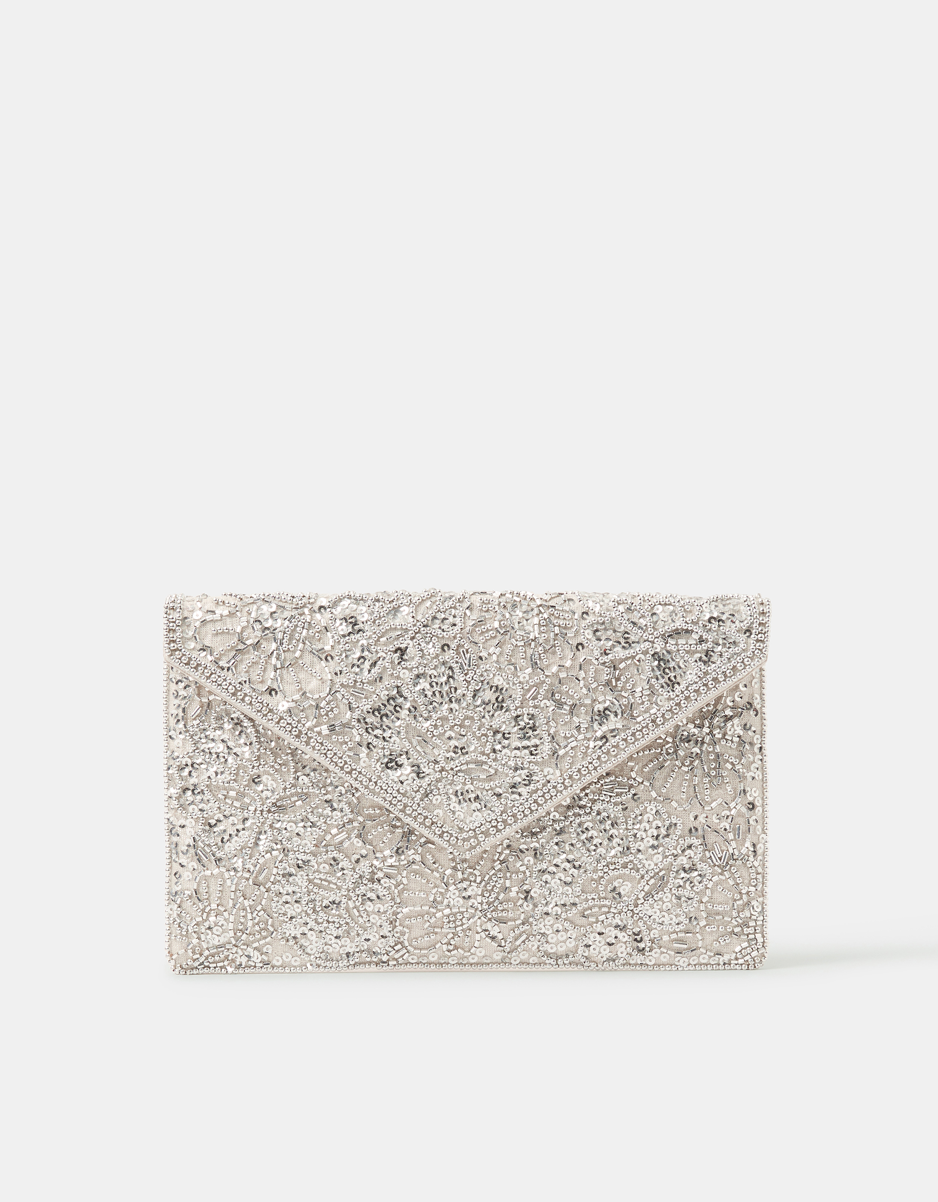 Floral Embellished Envelope Clutch Bag Silver