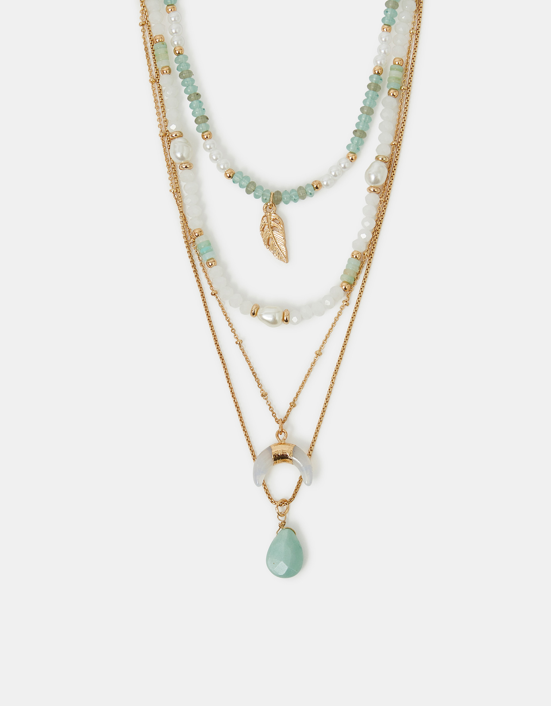 Gold Feather Pendant Bead Layered Necklace Turquoise - Accessorize