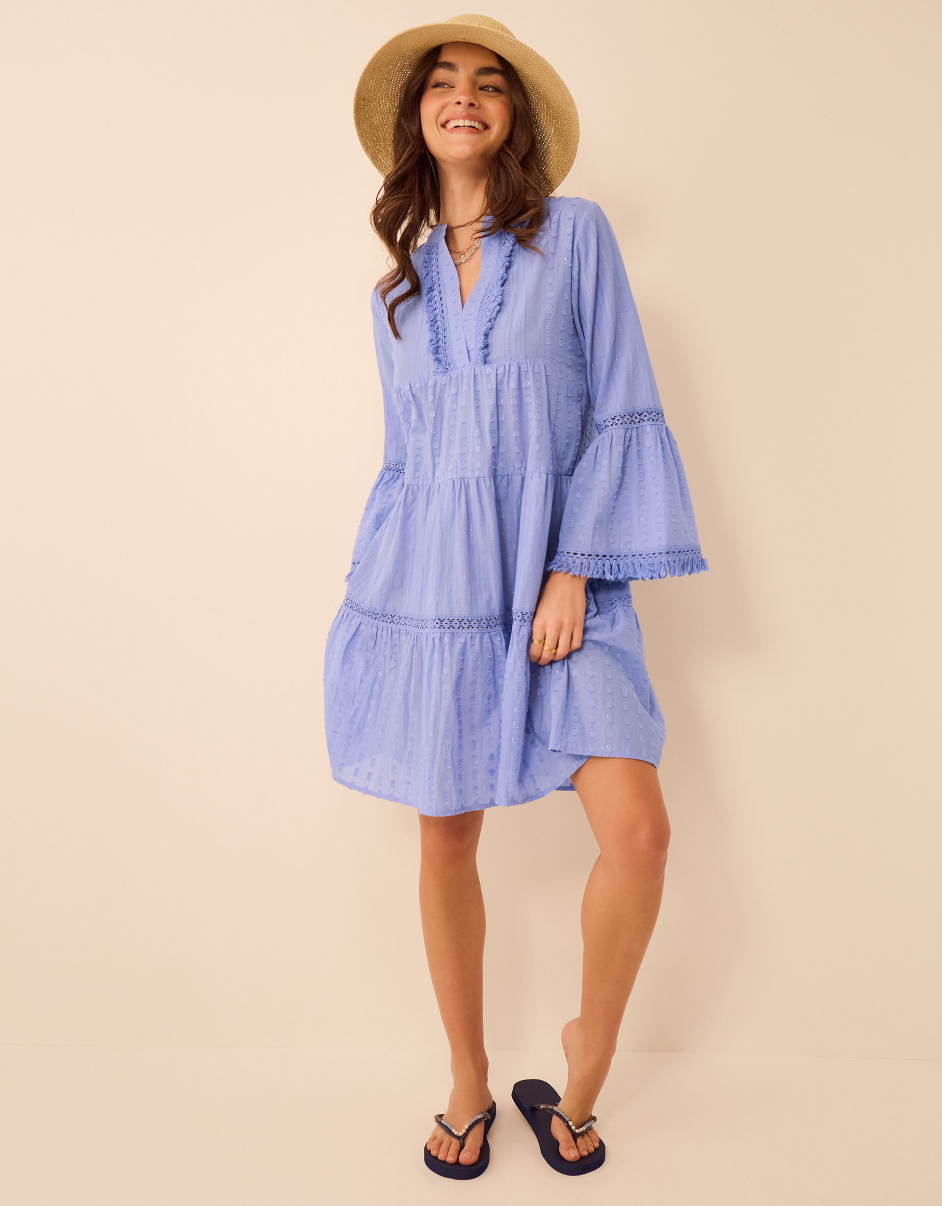 Flute Sleeve Dobby Beach Dress Blue, Size: M, Women's