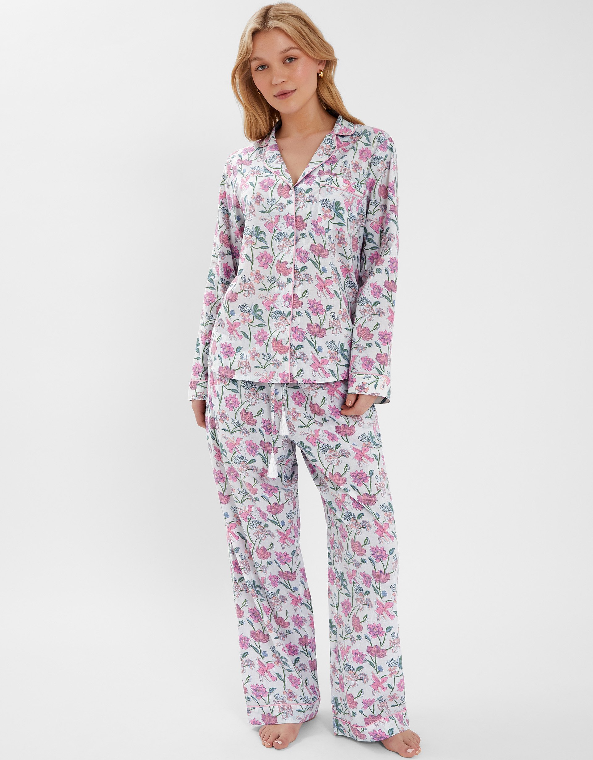Pink, White & Green Cotton Jasmine Print Pyjamas Set, Size: M, Women's - Accessorize