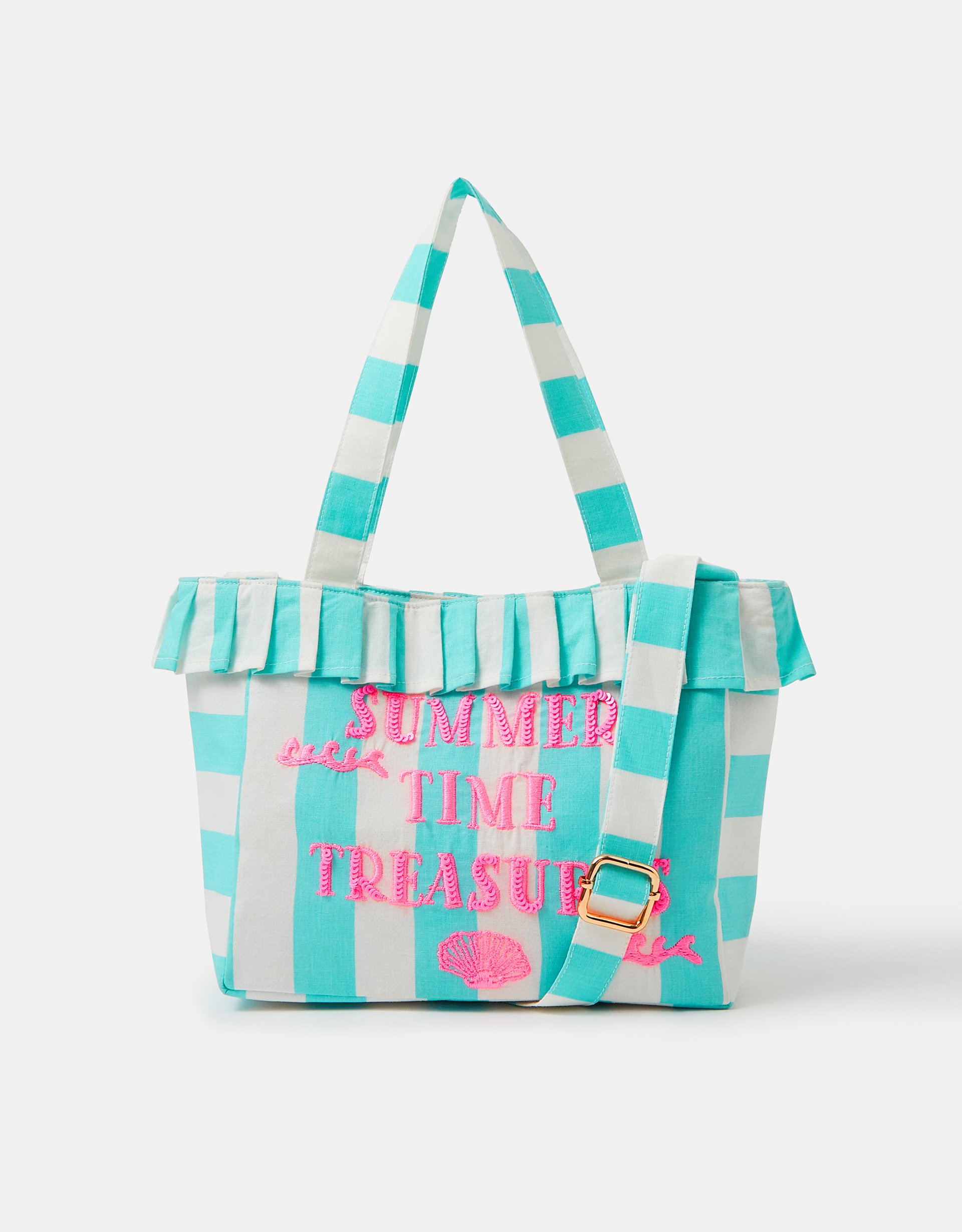 Accessorize Embroidered Summer Time Stripe Tote Bag, Aquamarine