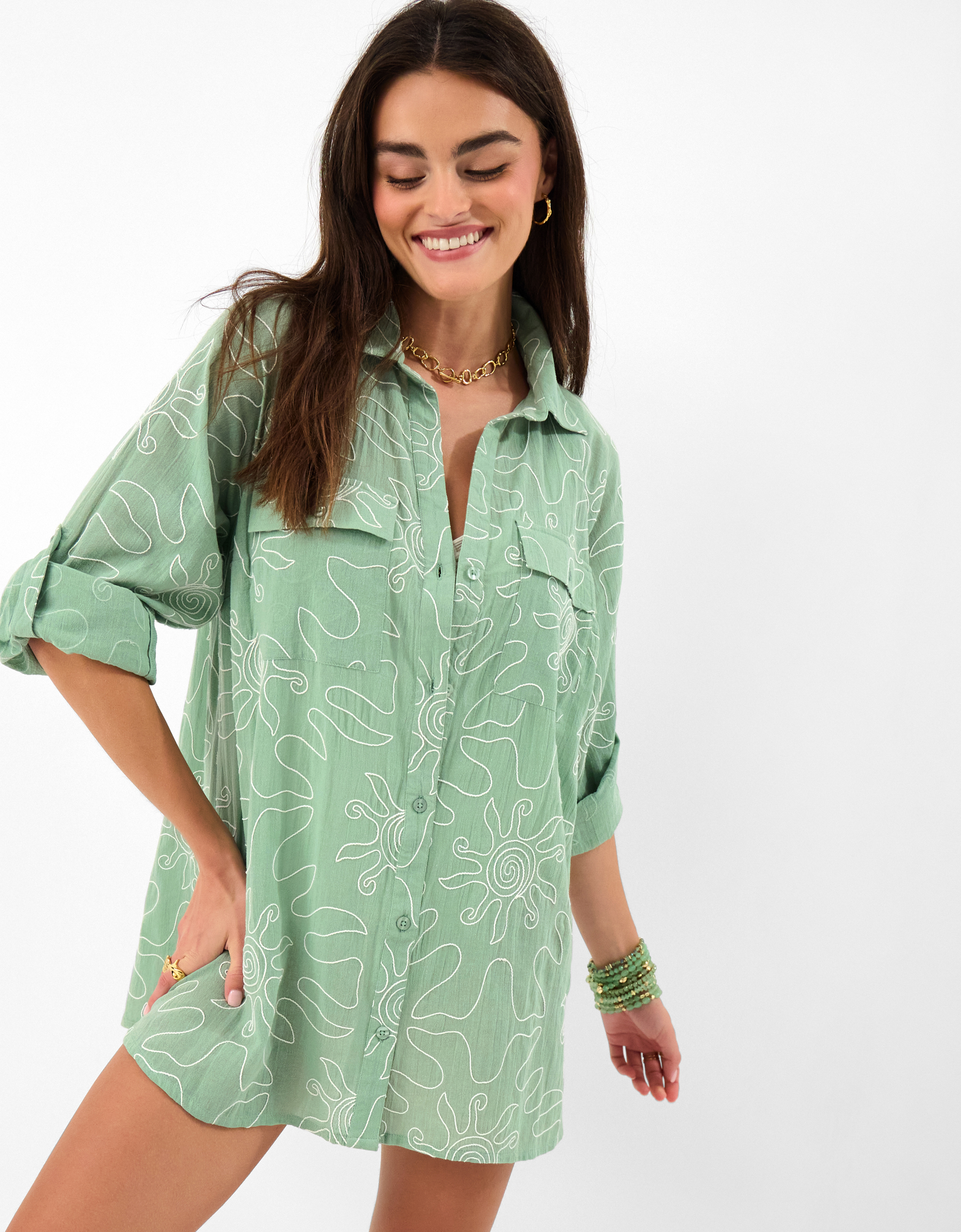 Accessorize Cotton Sun Embroidered Beach Cover Up Shirt Green, & White, Size: M