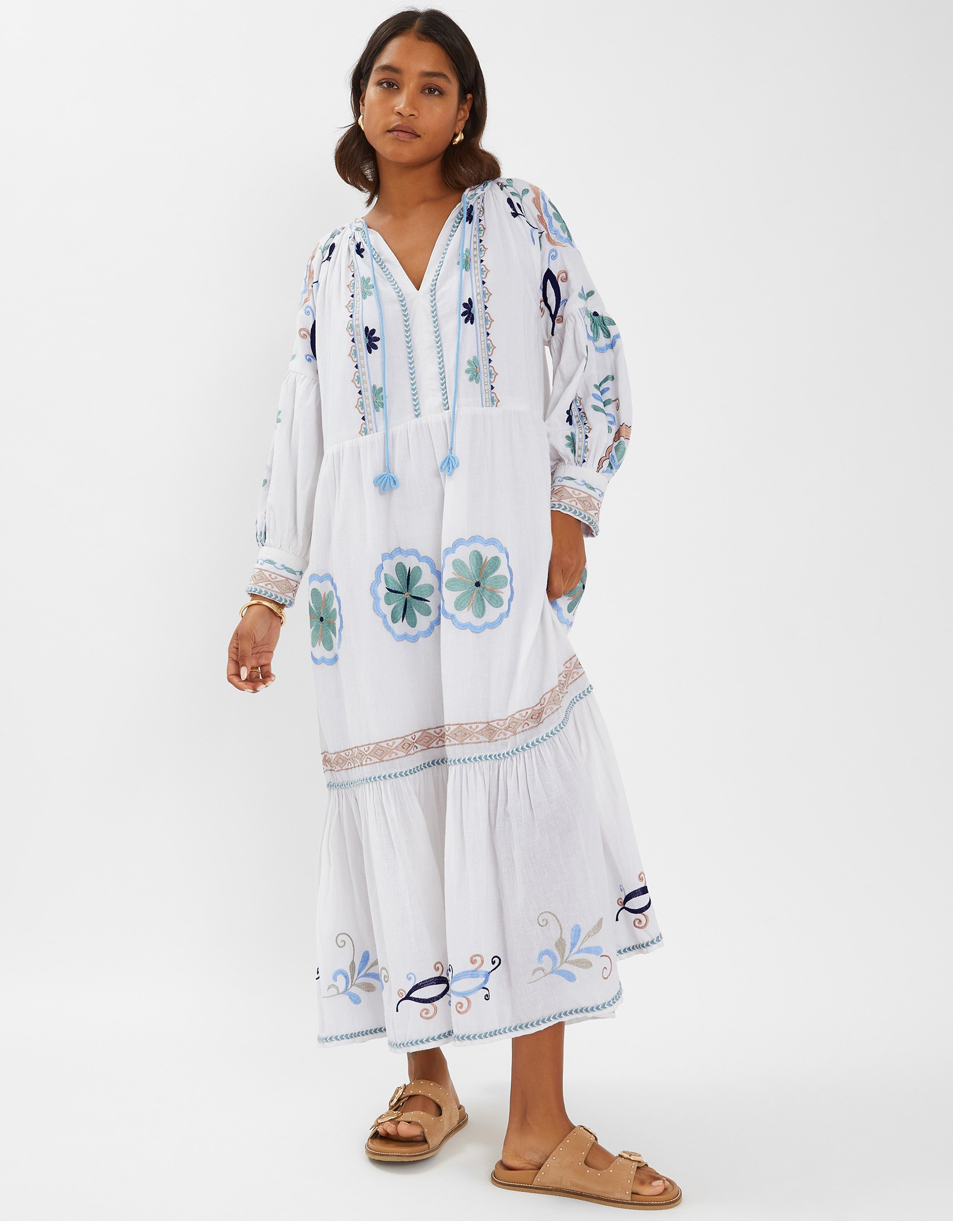 White & Green Cotton Long-sleeve Embroidered Maxi Dress, Size: L, Women's - Accessorize