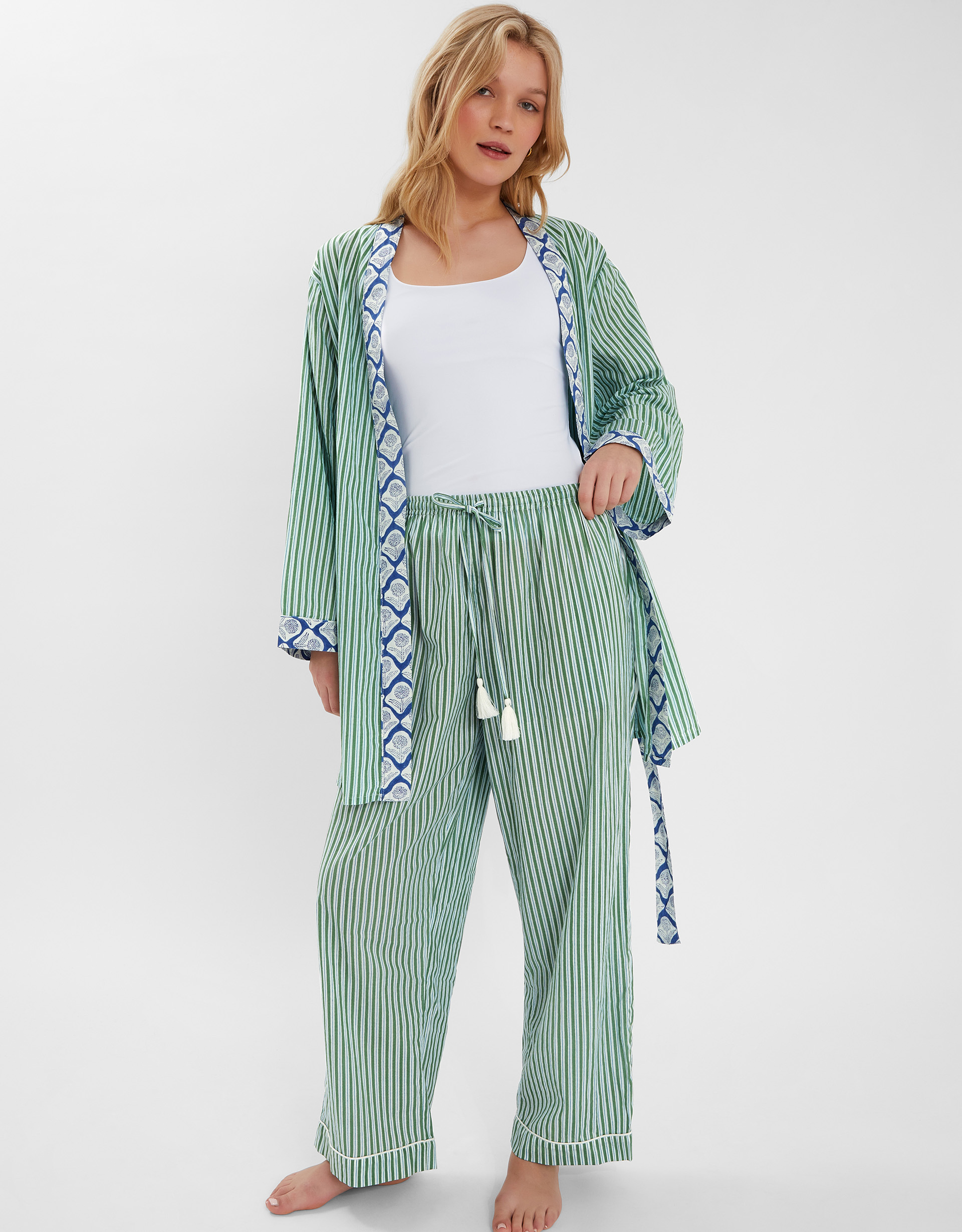 Green, White & Blue Cotton Dandelion Stripe Short Robe, Size: L, Women's - Accessorize