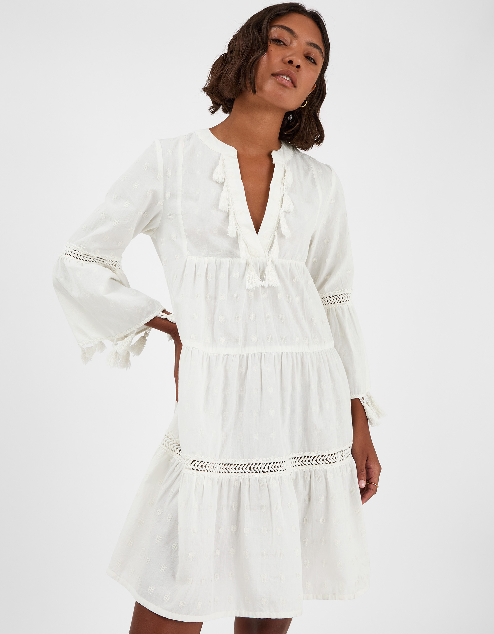 Cream Tassel Detail Cotton Flute Sleeve Tiered Mini Dress, Size: XS, Women's - Accessorize